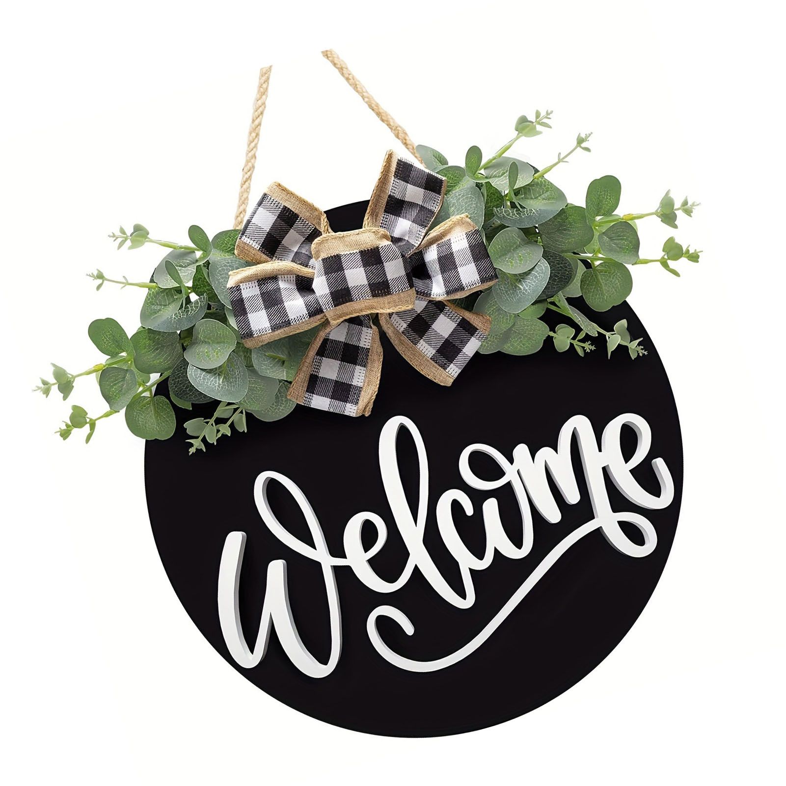 Welcome Door Sign Black Color Wreath Round Shape Hanging Welcome Doorplate for view 7