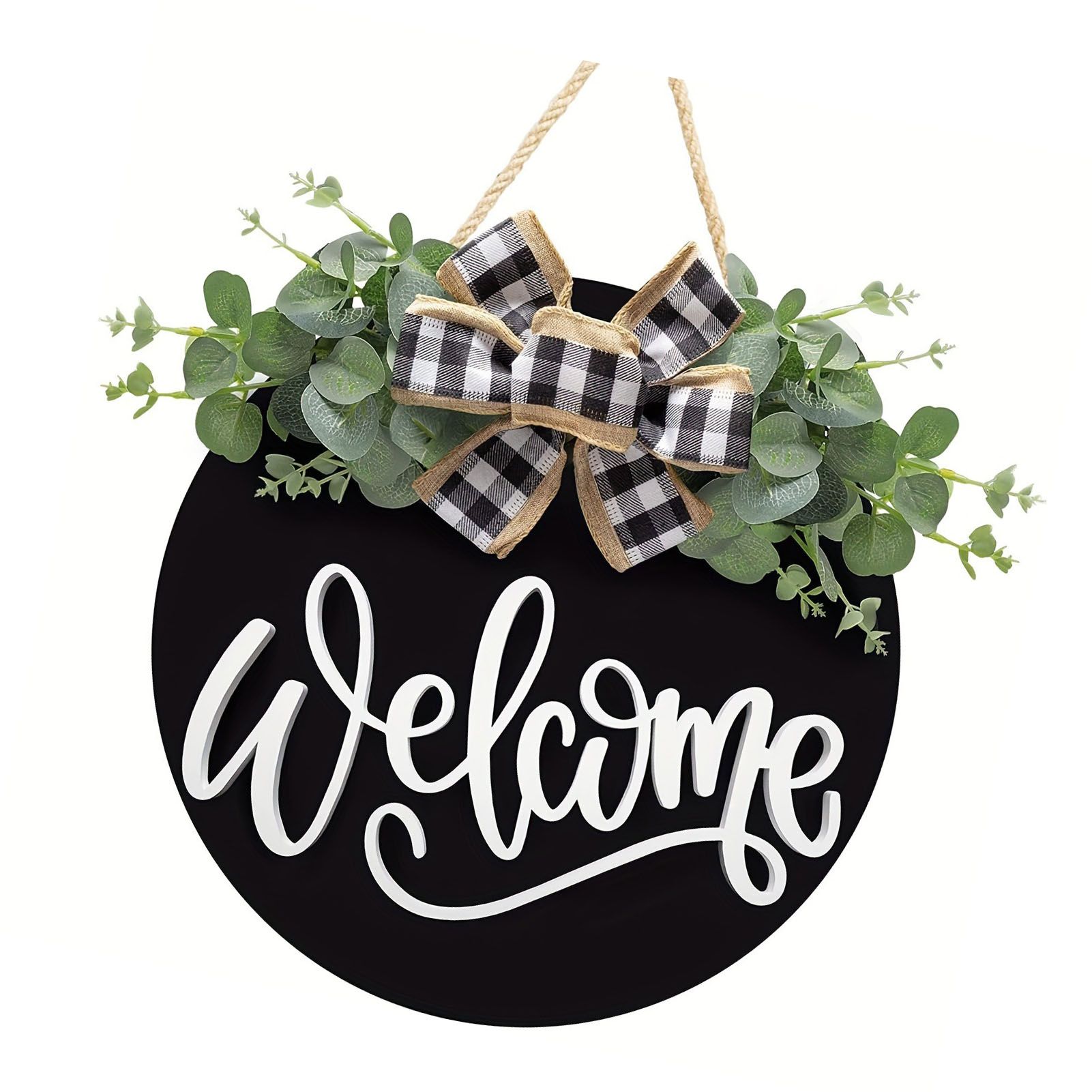 Welcome Door Sign Black Color Wreath Round Shape Hanging Welcome Doorplate for view 8
