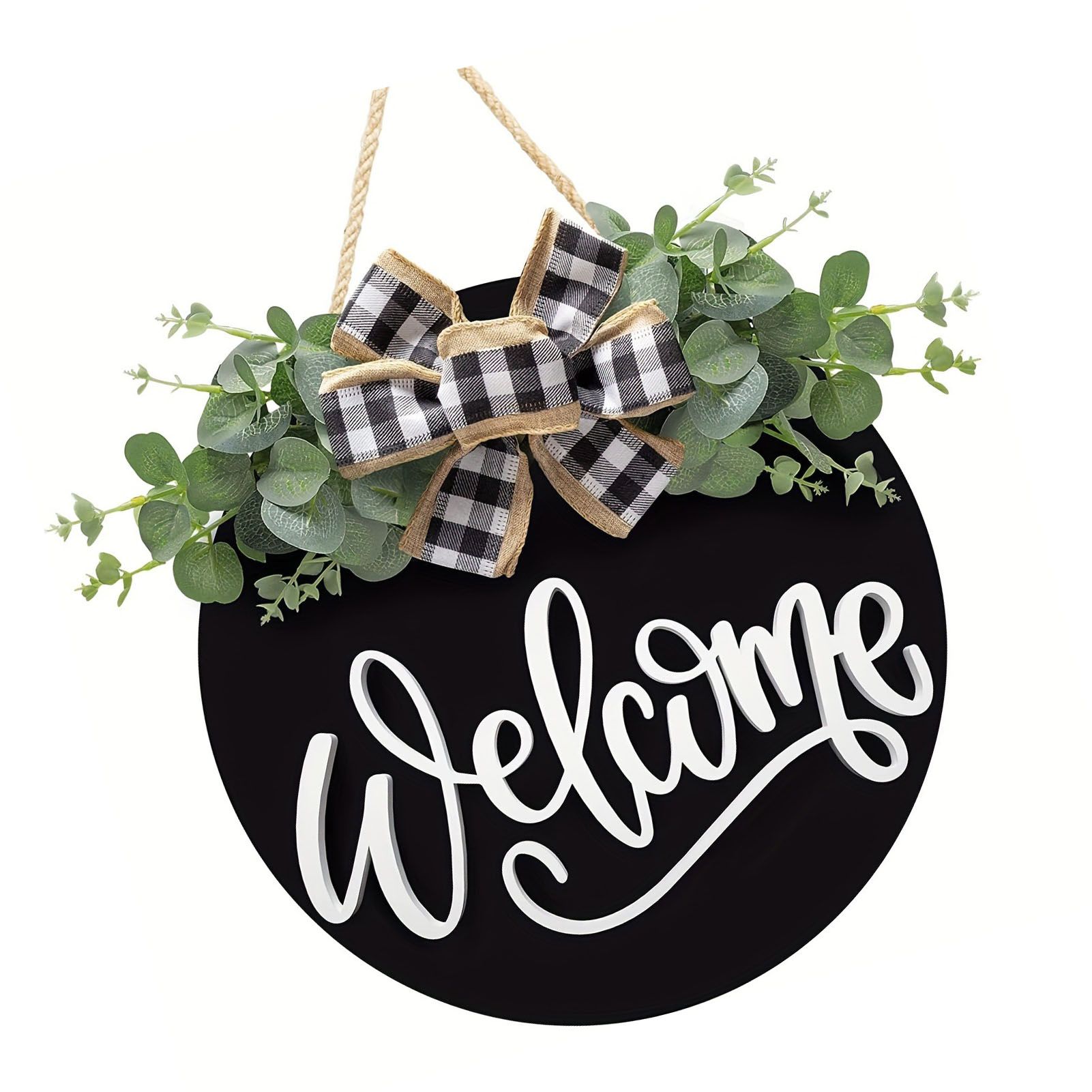 Welcome Door Sign Black Color Wreath Round Shape Hanging Welcome Doorplate for view 9
