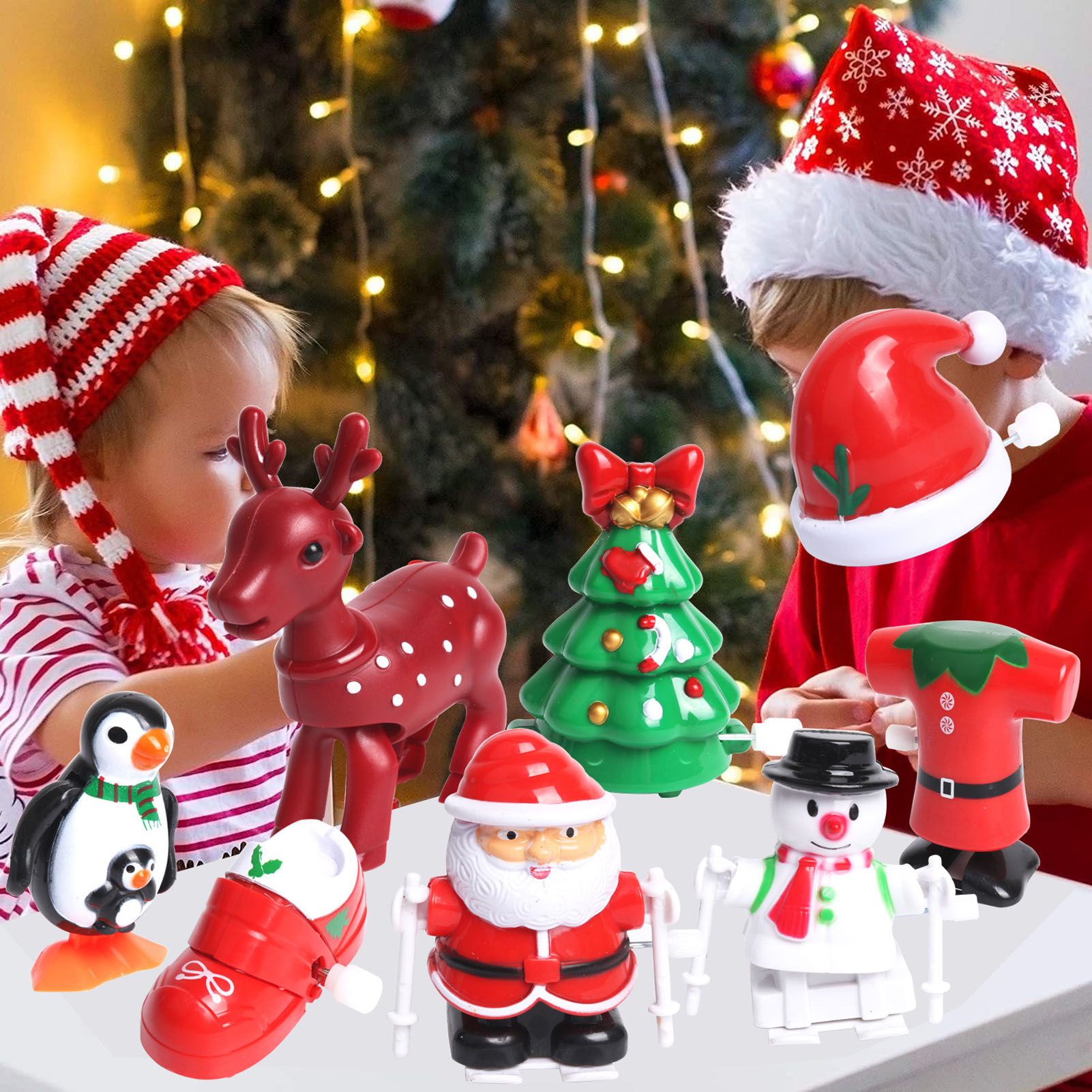 Holiday Wind Up Toy Cartoon Tree Hat Shoe Snowman Clockwork Toy Set Festival view 8