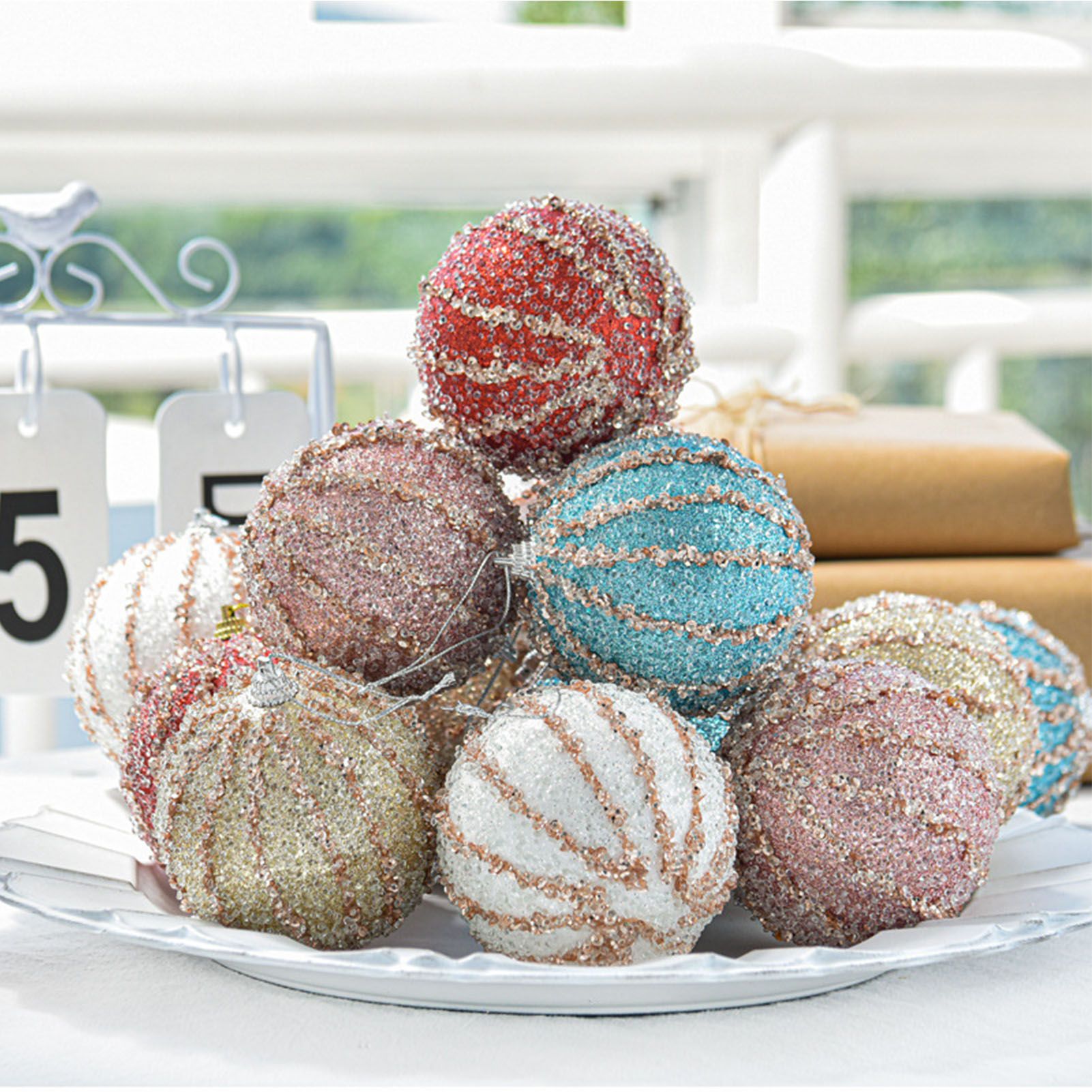 5 Pcs Xmas Tree Ball Ornament 8cm Diameter White Champagne Roseate Red Blue view 8