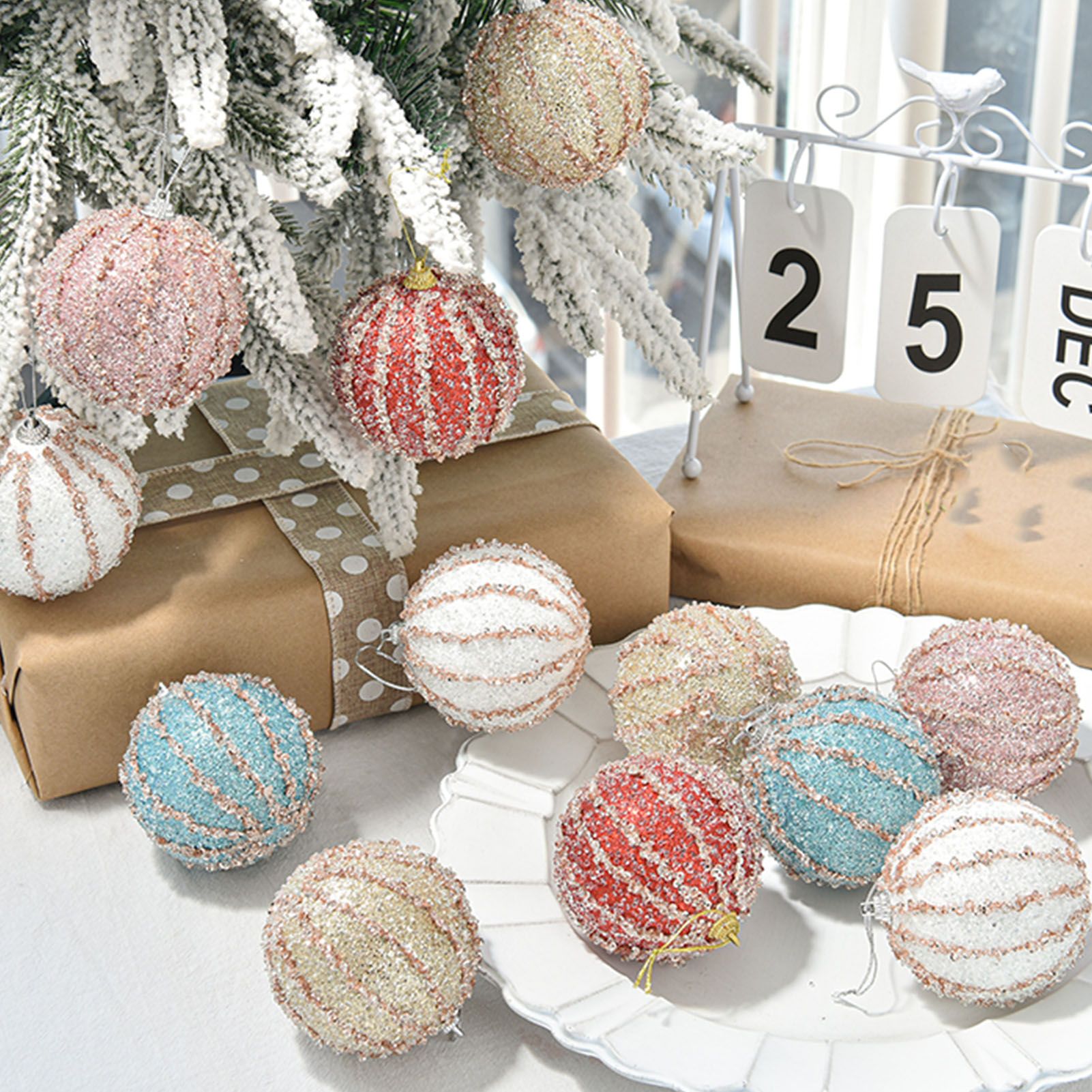 5 Pcs Xmas Tree Ball Ornament 8cm Diameter White Champagne Roseate Red Blue view 9