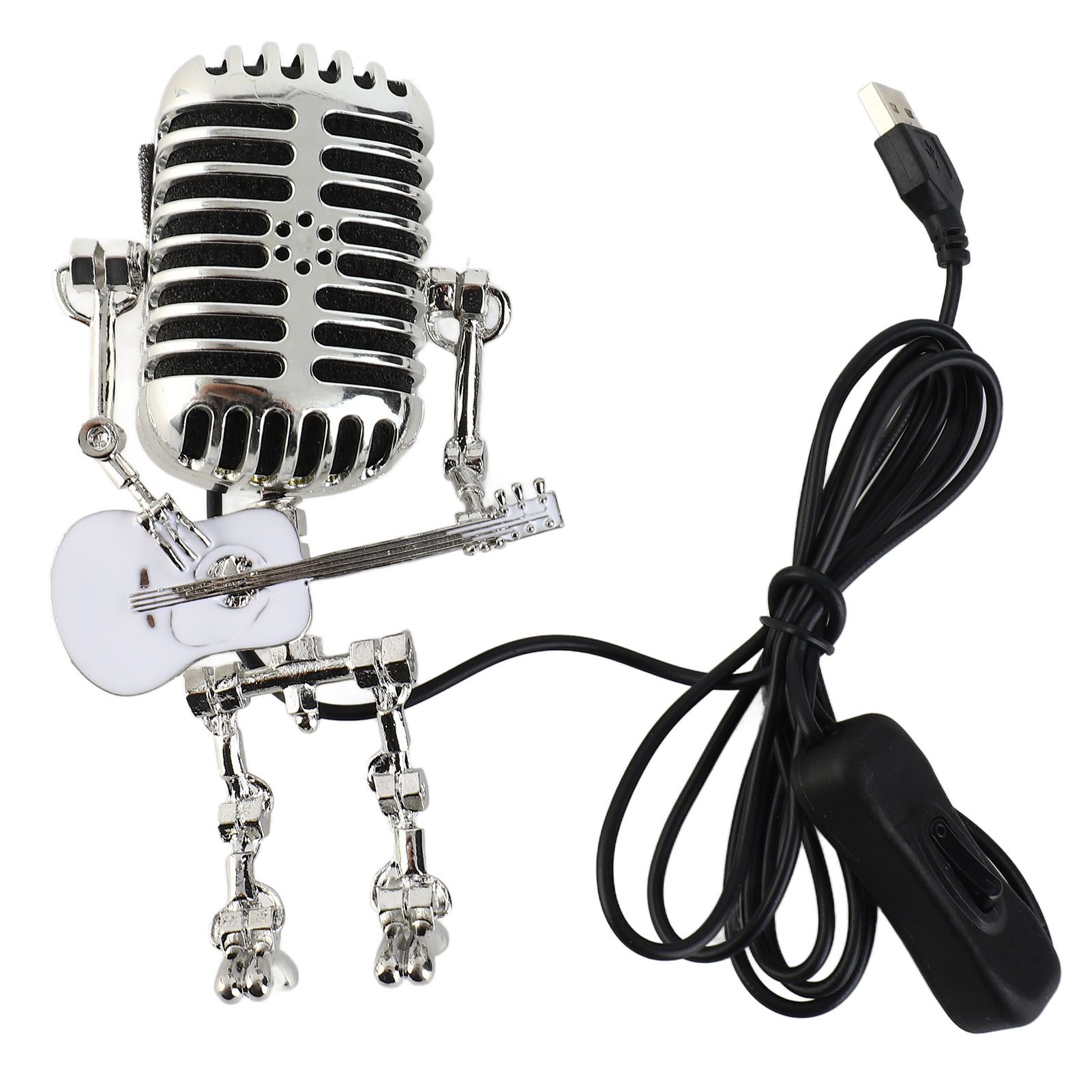 Vintage Microphone Guitar Robot Table Lamp USB Aluminum Metal Retro Microphone view 3