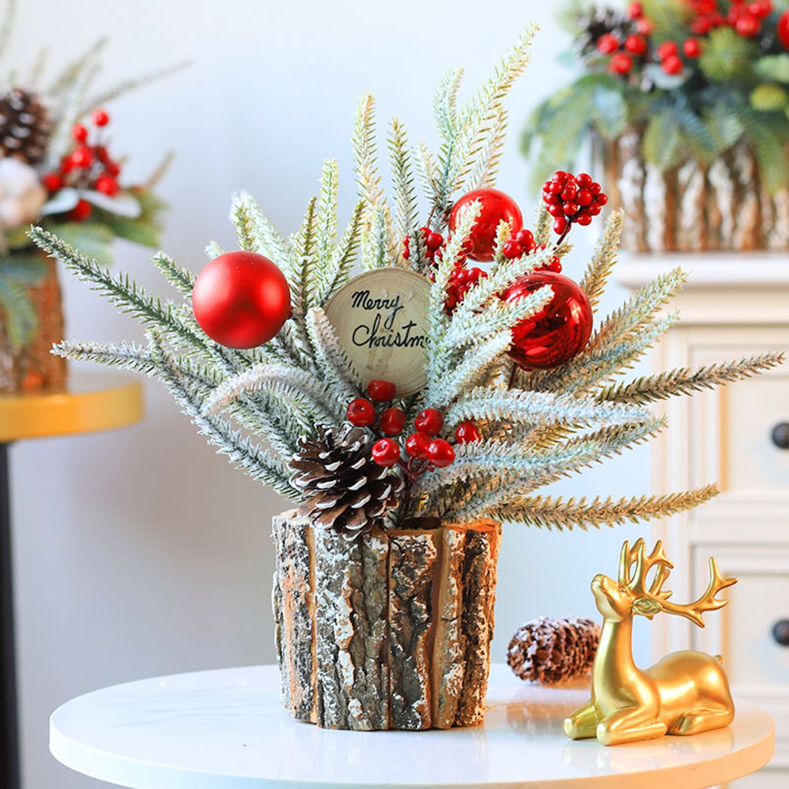 35cm Tabletop Xmas Tree Bark Wooden Barrel Decoration Artificial Bouquet view 9