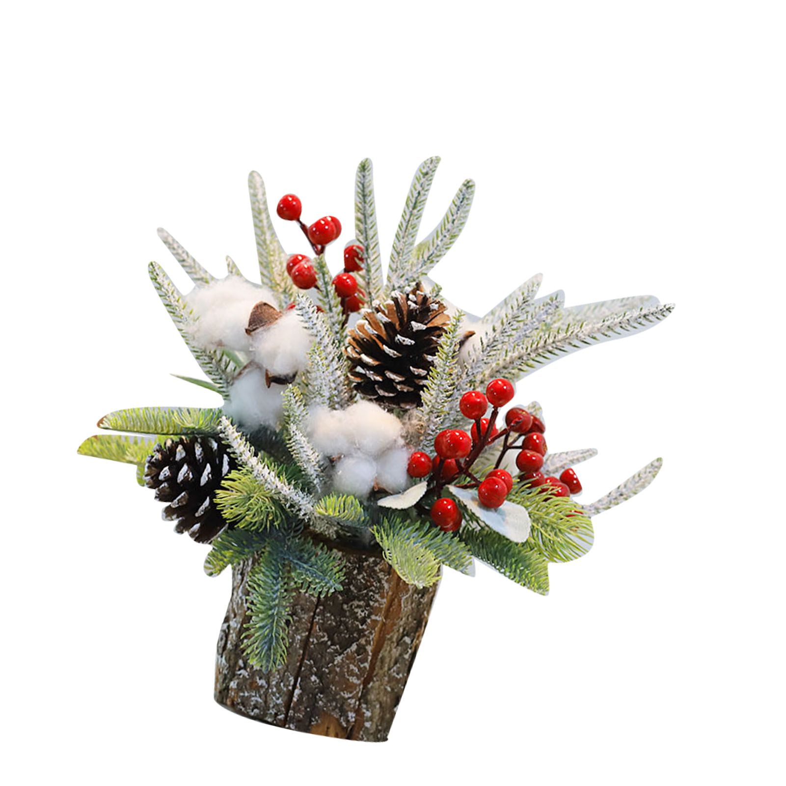 35cm Tabletop Xmas Tree Bark Wooden Barrel Decoration Artificial Bouquet