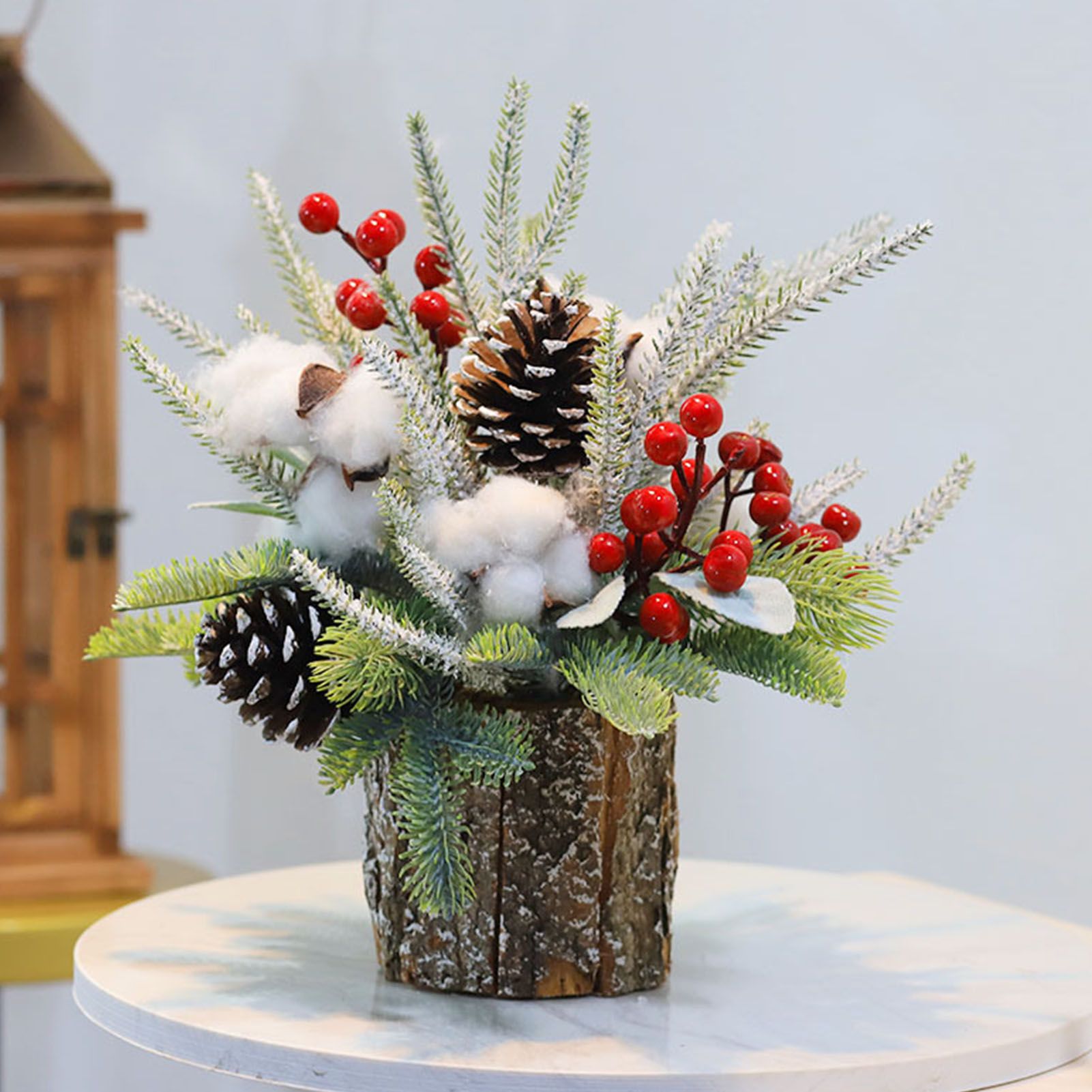 35cm Tabletop Xmas Tree Bark Wooden Barrel Decoration Artificial Bouquet view 9