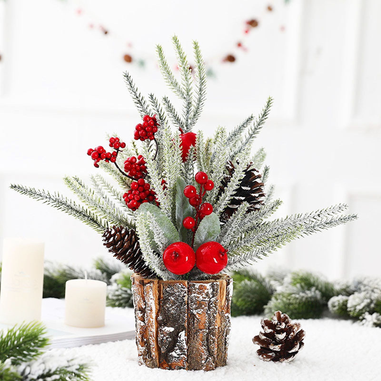 35cm Tabletop Xmas Tree Bark Wooden Barrel Decoration Artificial Bouquet view 9