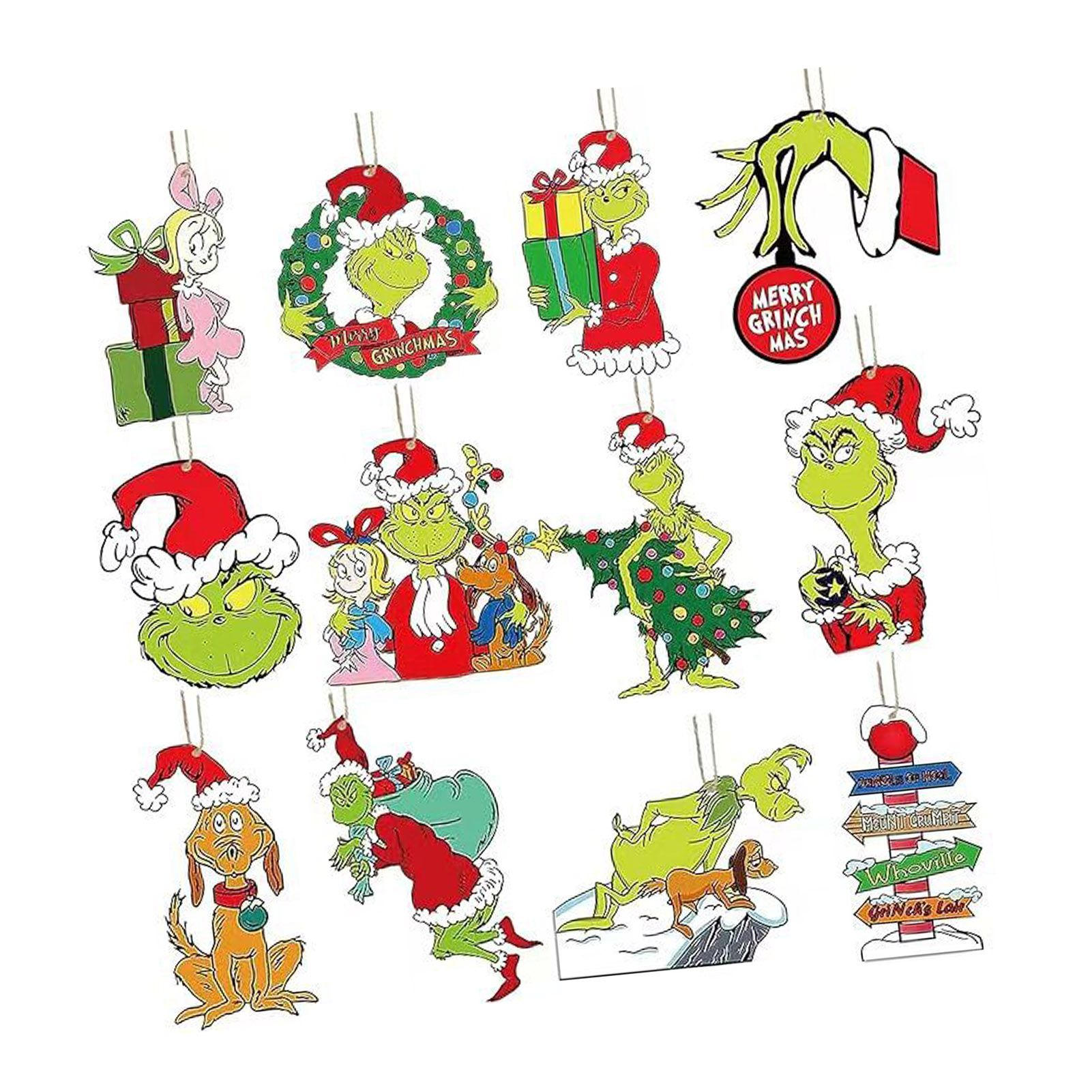 24pcs Xmas Tree Green Monster Ornaments Unique Handmade Wooden Green Monster