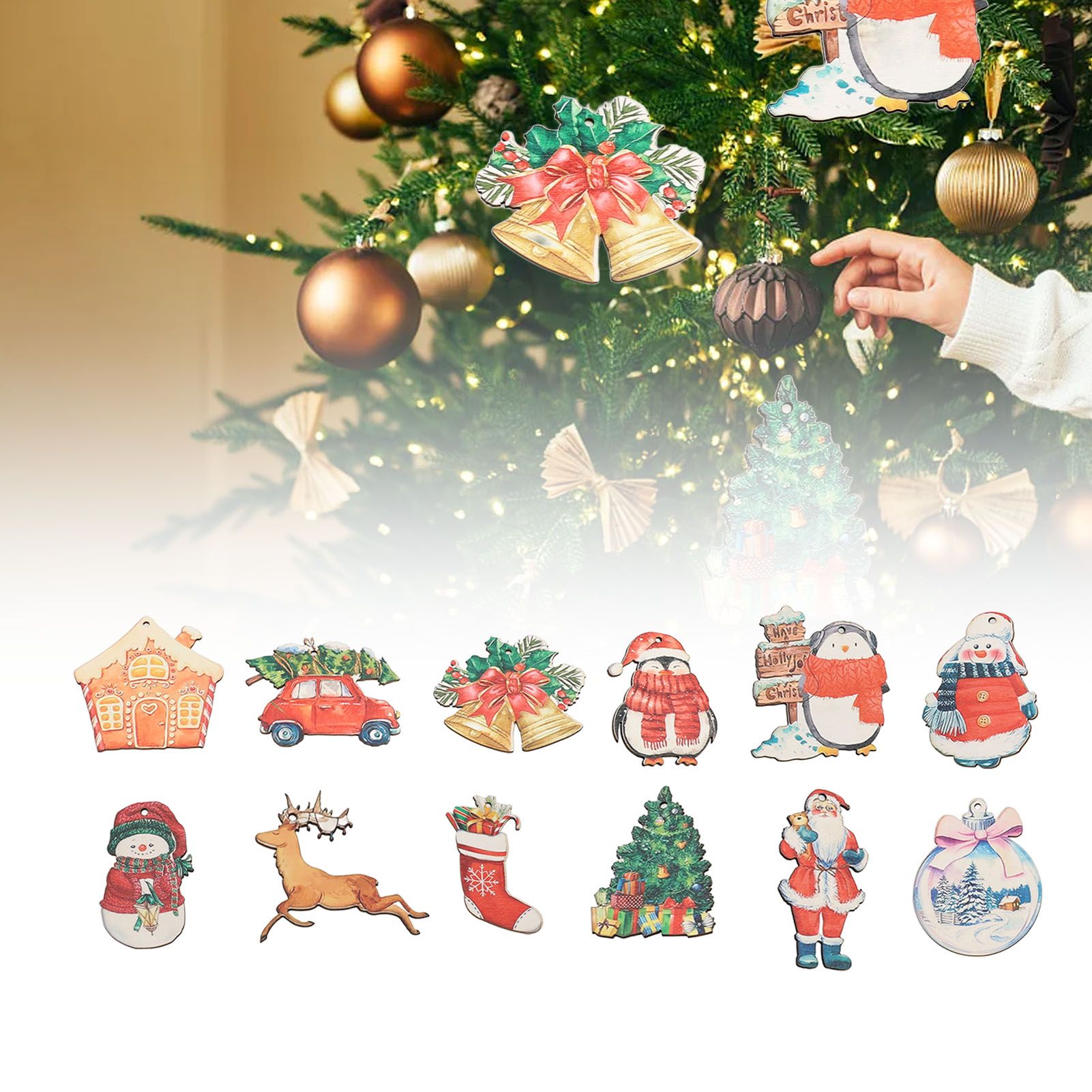 36pcs Xmas Hanging Ornaments Cute Wooden Snowman Elk Xmas Bell Hanging view 11