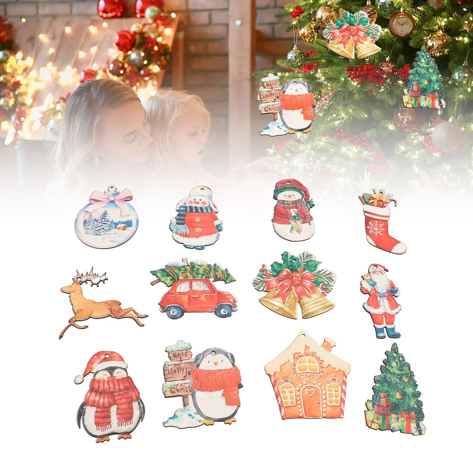 36pcs Xmas Hanging Ornaments Cute Wooden Snowman Elk Xmas Bell Hanging view 12