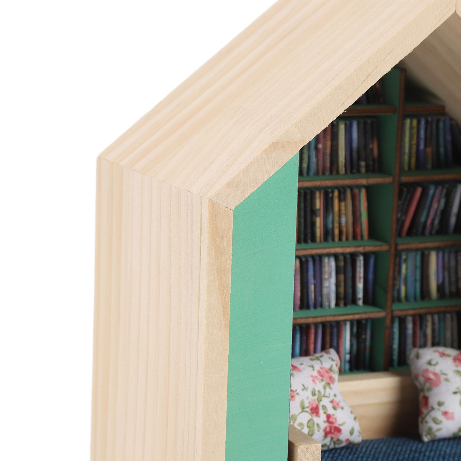 Miniature Bookshelf Handmade Wooden House Model with Small Pillows Funny Mini view 2