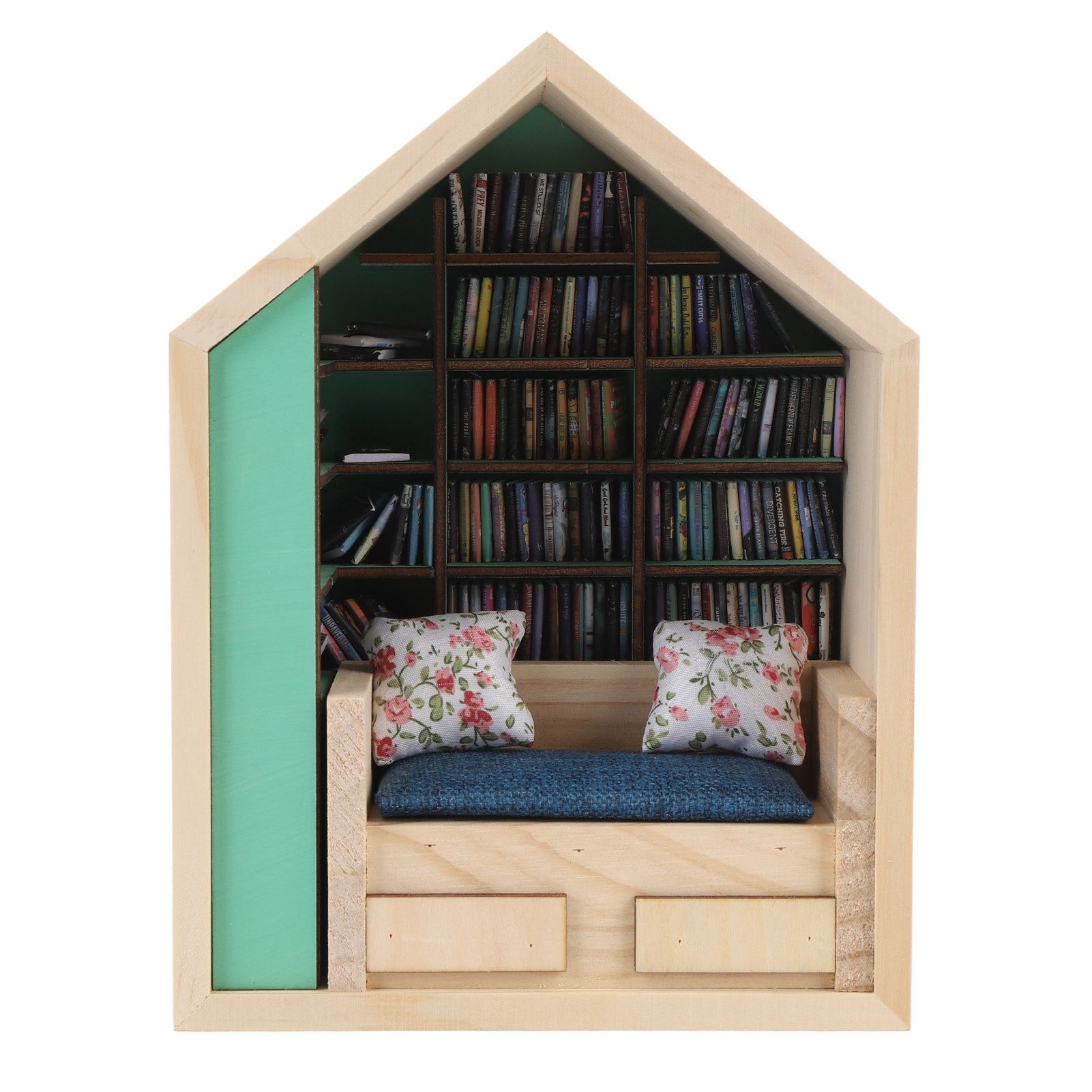 Miniature Bookshelf Handmade Wooden House Model with Small Pillows Funny Mini view 3