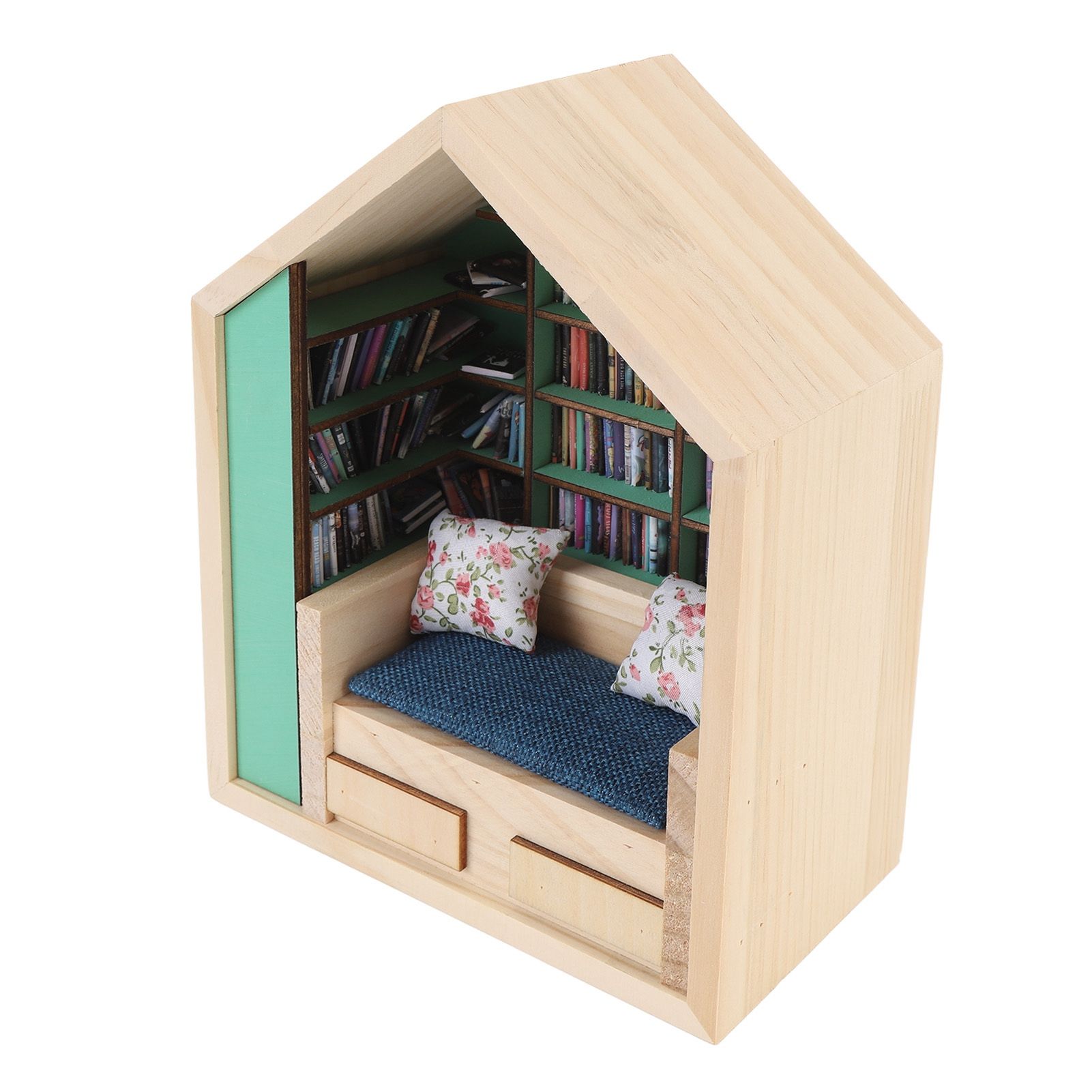 Miniature Bookshelf Handmade Wooden House Model with Small Pillows Funny Mini view 4
