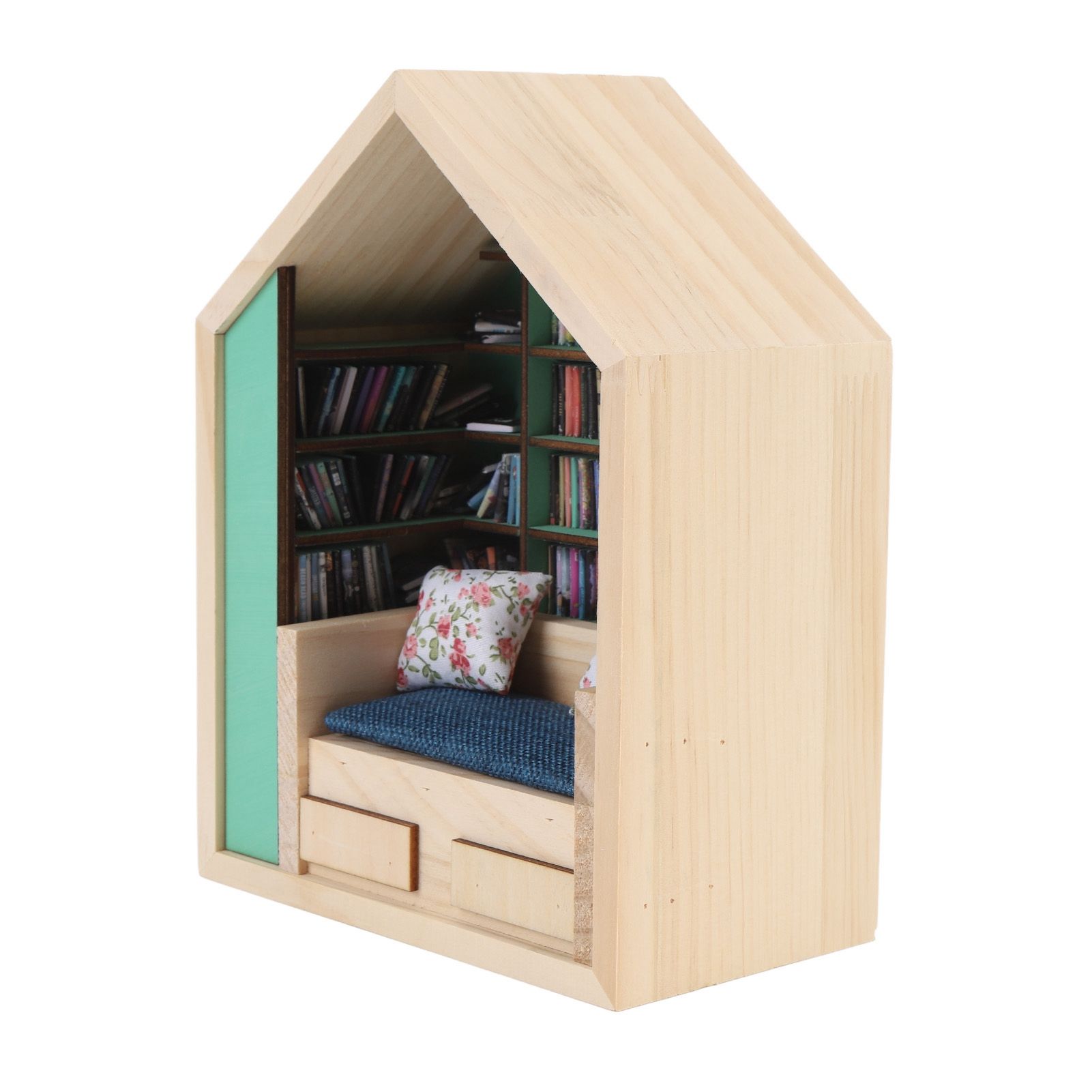 Miniature Bookshelf Handmade Wooden House Model with Small Pillows Funny Mini view 6