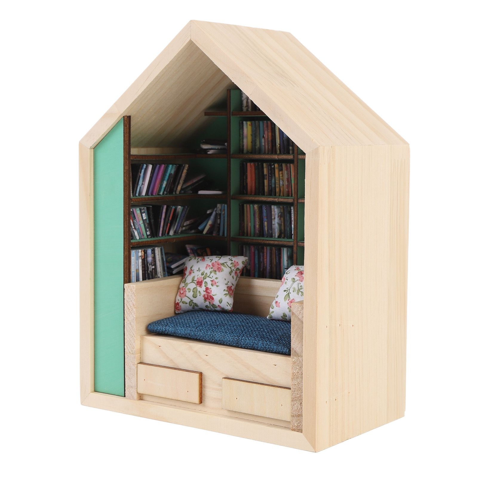 Miniature Bookshelf Handmade Wooden House Model with Small Pillows Funny Mini view 8