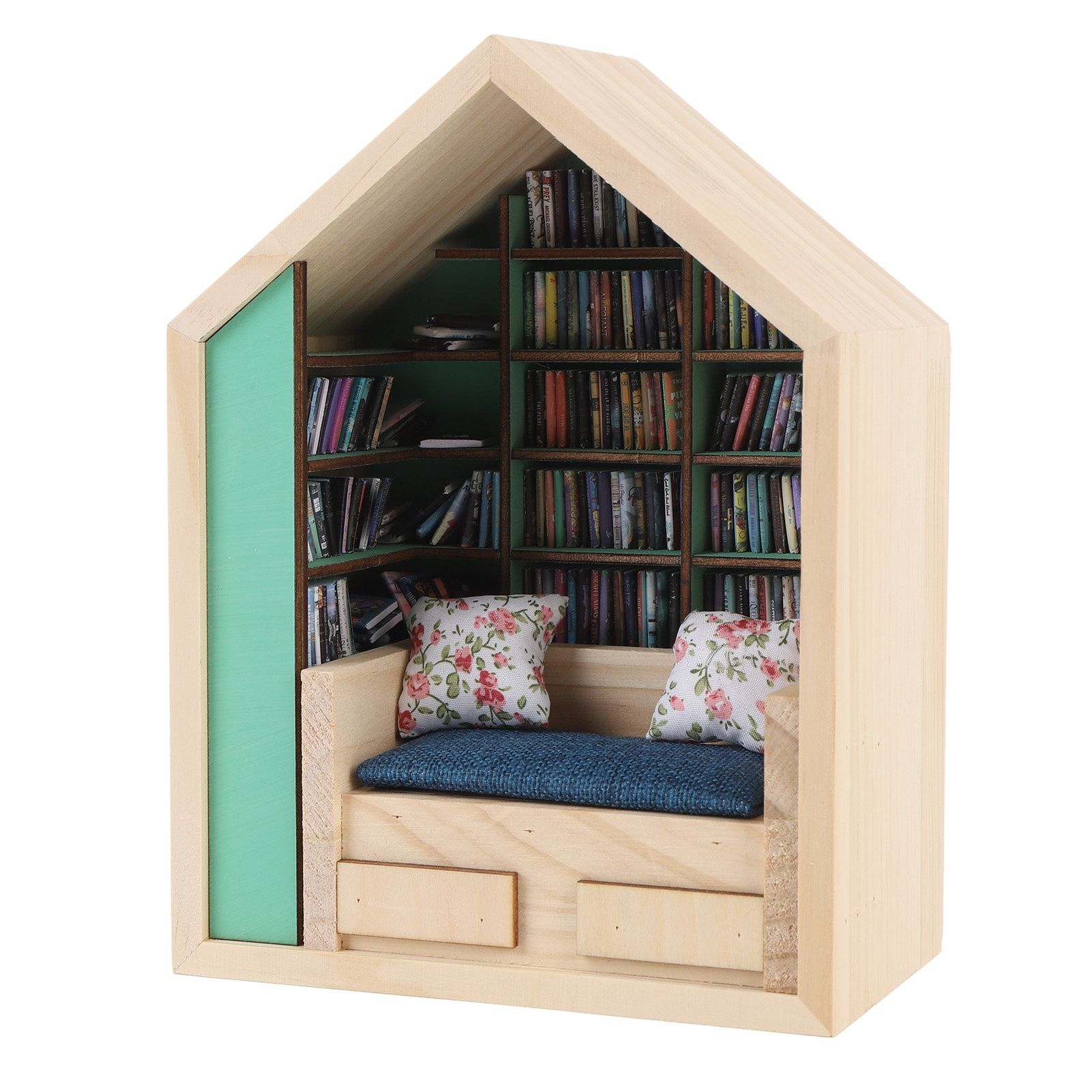 Miniature Bookshelf Handmade Wooden House Model with Small Pillows Funny Mini view 9