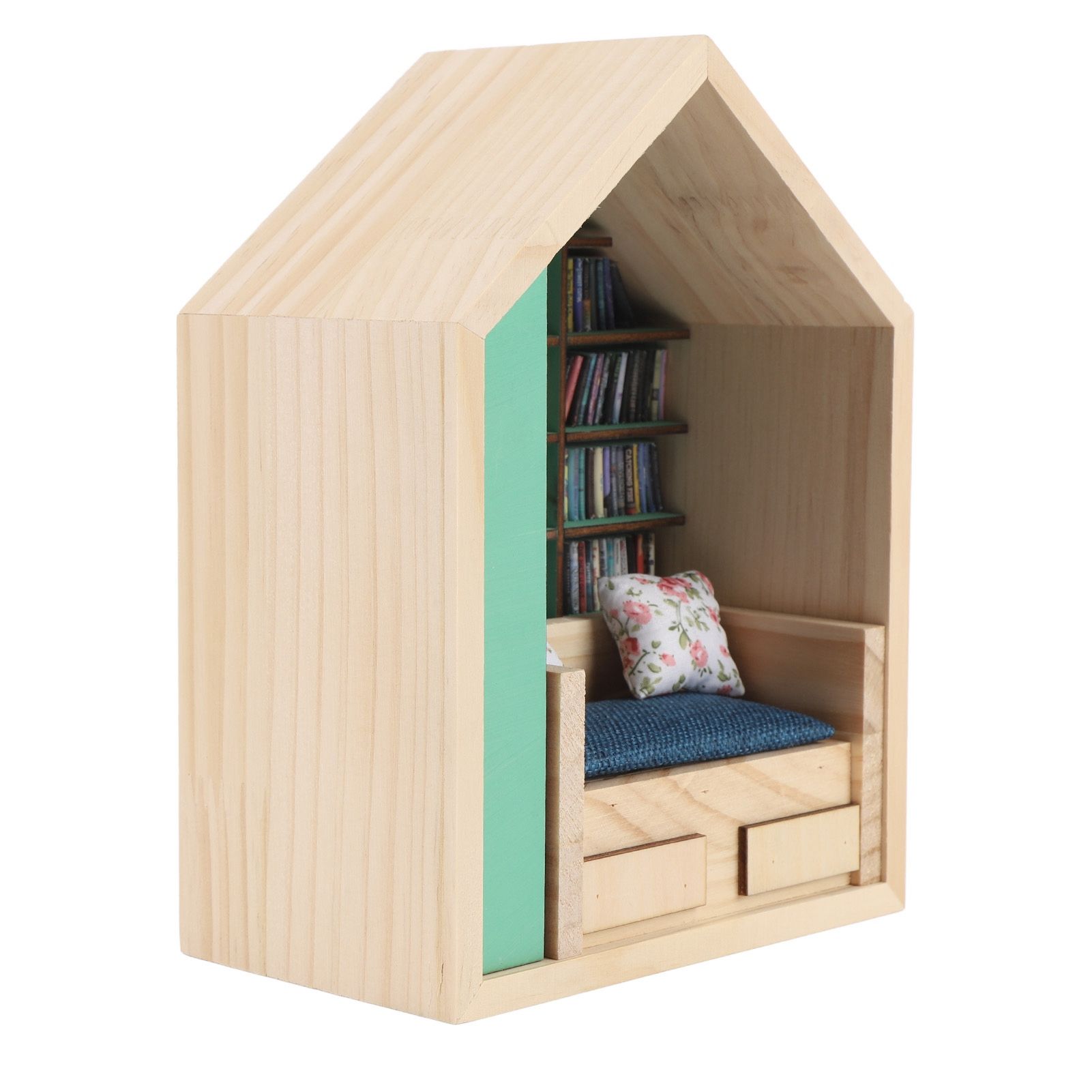 Miniature Bookshelf Handmade Wooden House Model with Small Pillows Funny Mini view 10