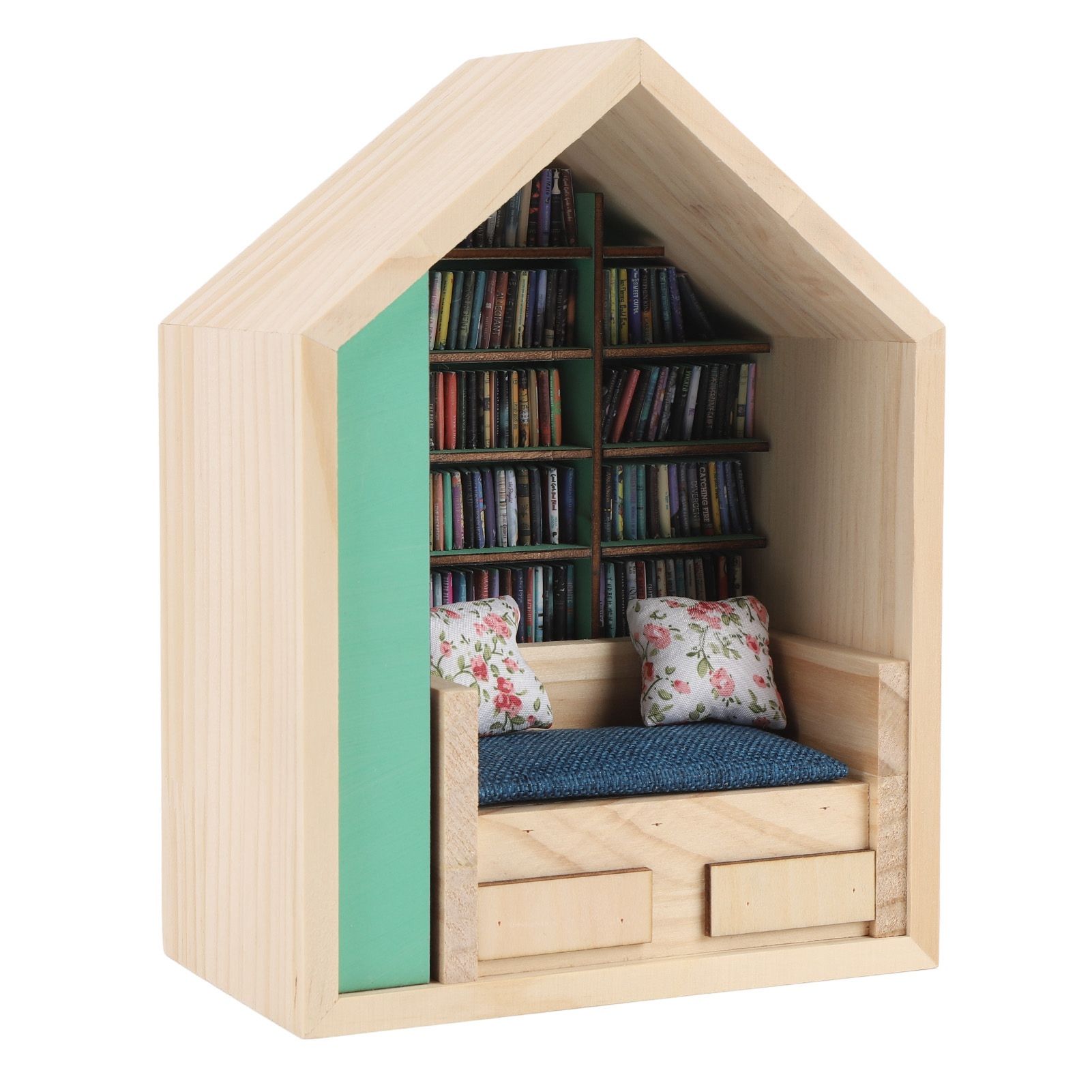 Miniature Bookshelf Handmade Wooden House Model with Small Pillows Funny Mini view 11