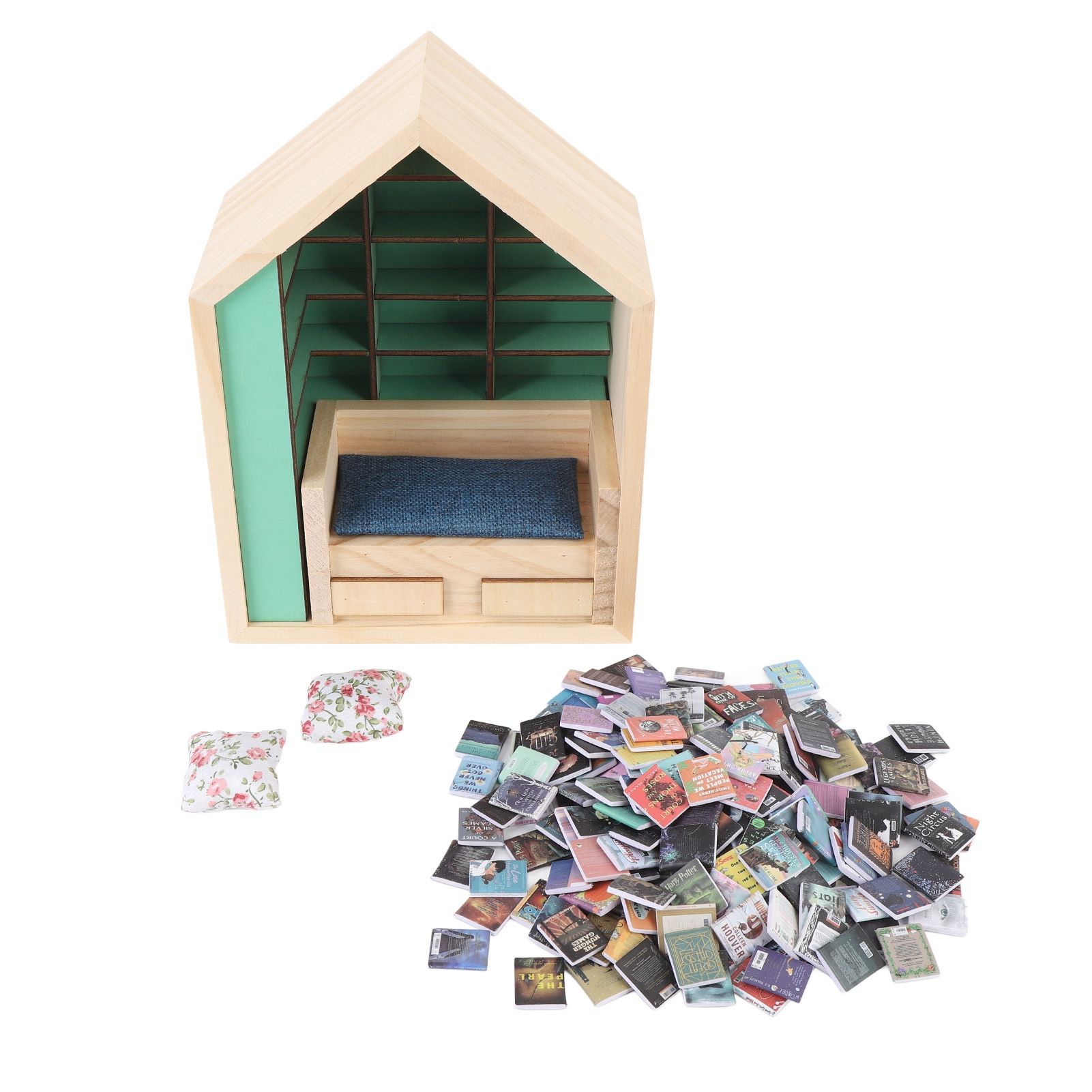 Miniature Bookshelf Handmade Wooden House Model with Small Pillows Funny Mini view 12