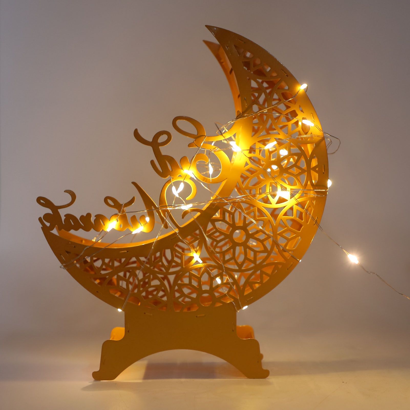Yellow Moon Ornament with Lighting Iron Art Hollow Desk Decoration for Dining view 7