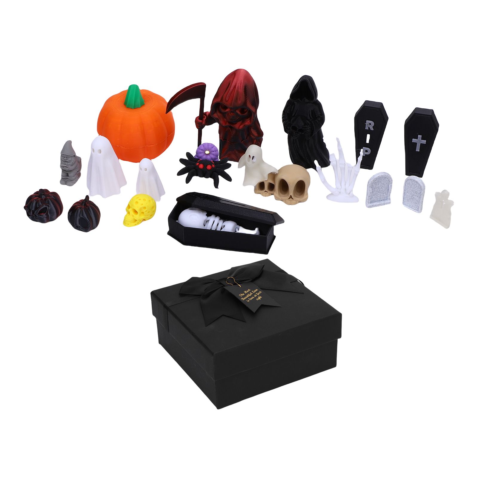 Pumpkin Ghost Skull Ornaments 3D Printed Tombstones Coffins Spiders Cat view 3