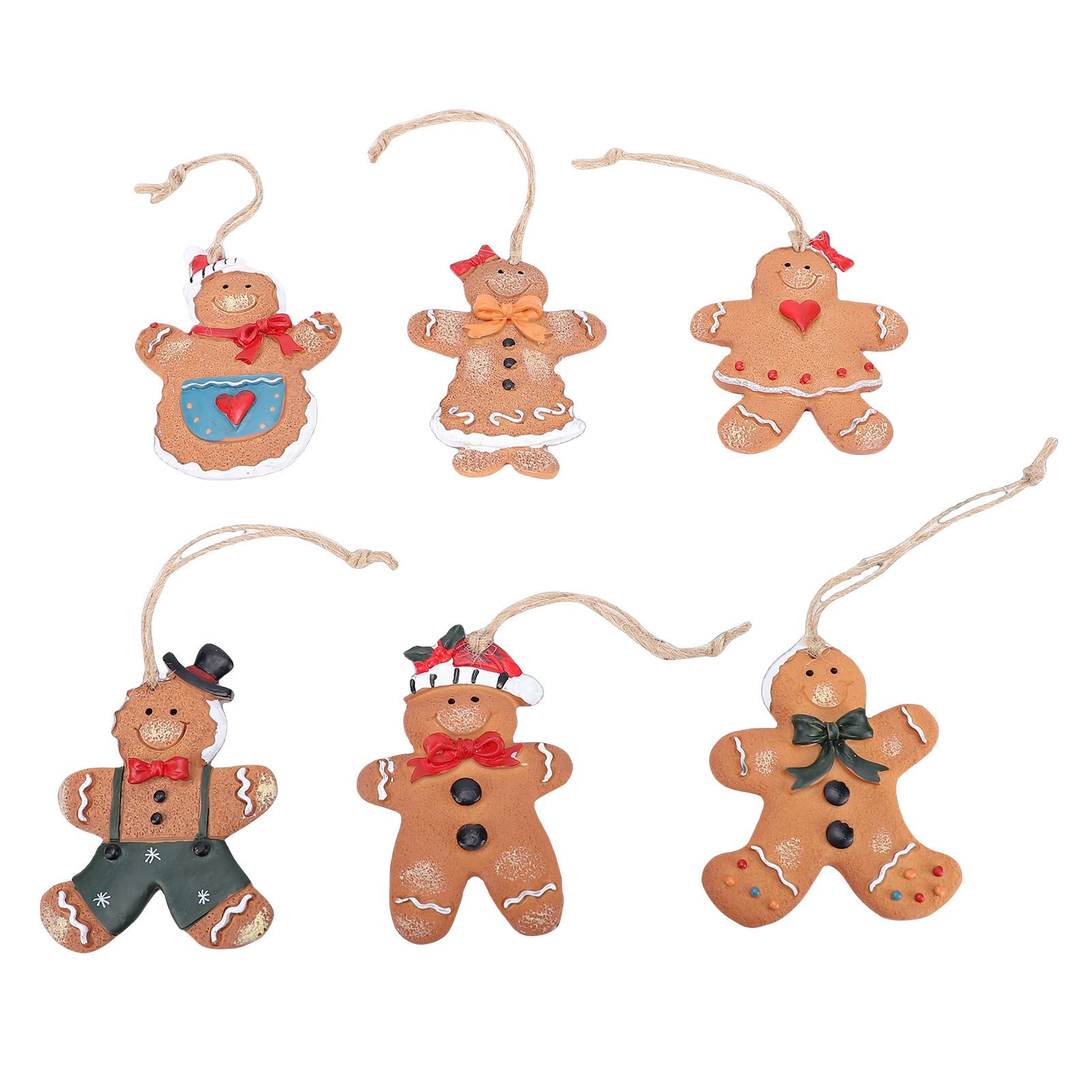 6pcs Gingerbread Man Ornaments Set Xmas Tree Decorations Resin Hanging view 3
