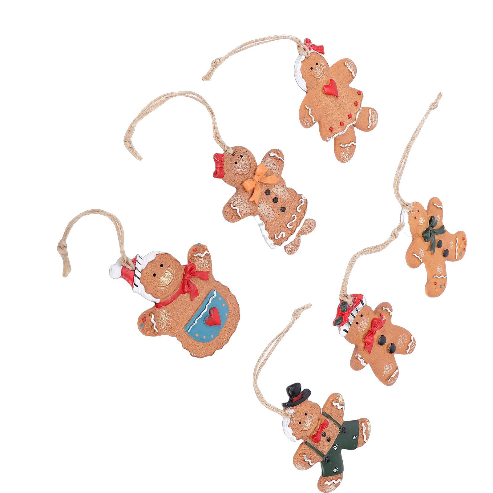 6pcs Gingerbread Man Ornaments Set Xmas Tree Decorations Resin Hanging view 6