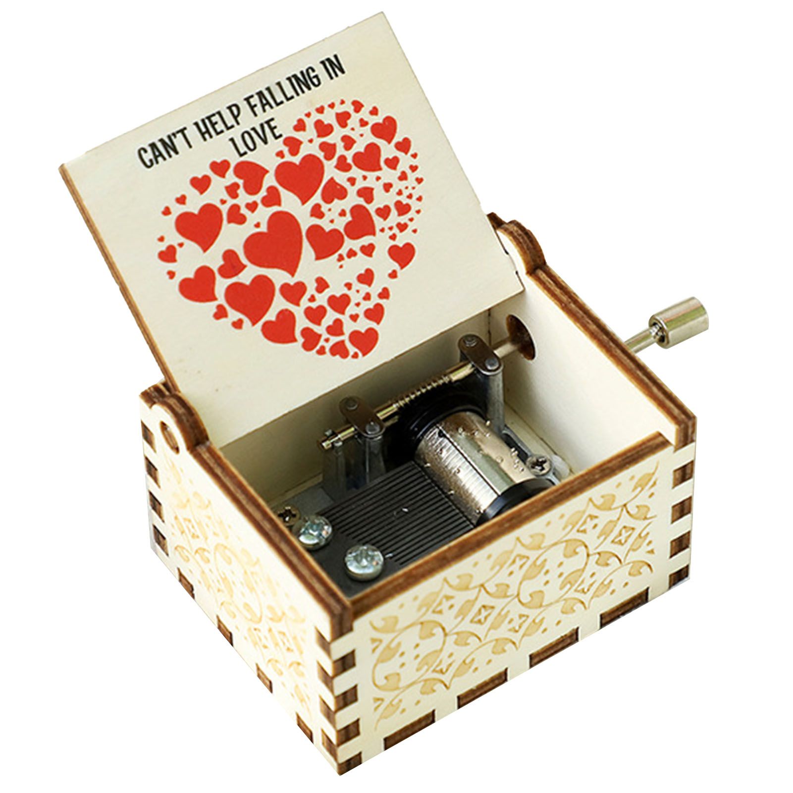 Wood Music Box Antique Engraved Hand Cranked Romantic Mini Musical Box for view 3