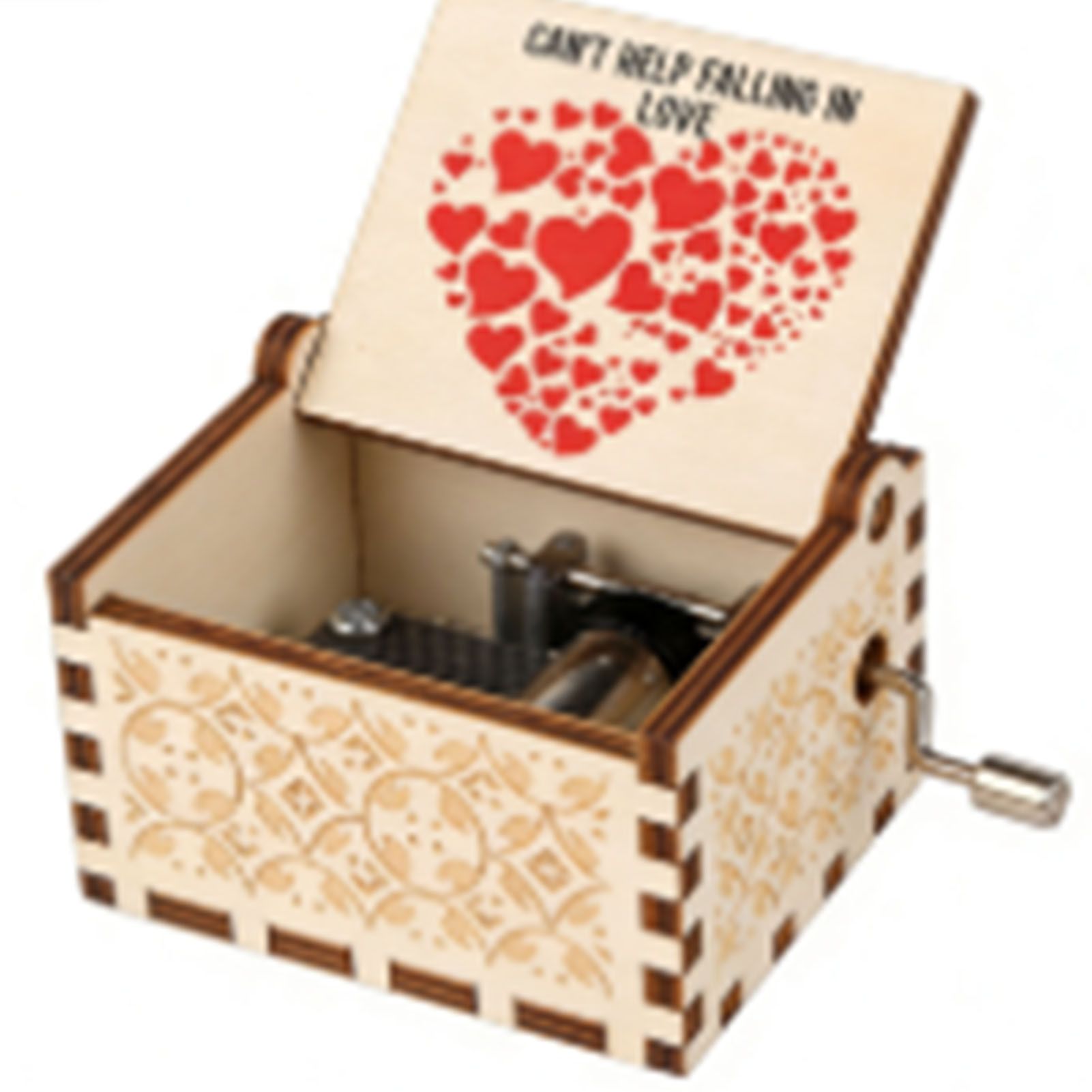 Wood Music Box Antique Engraved Hand Cranked Romantic Mini Musical Box for view 4