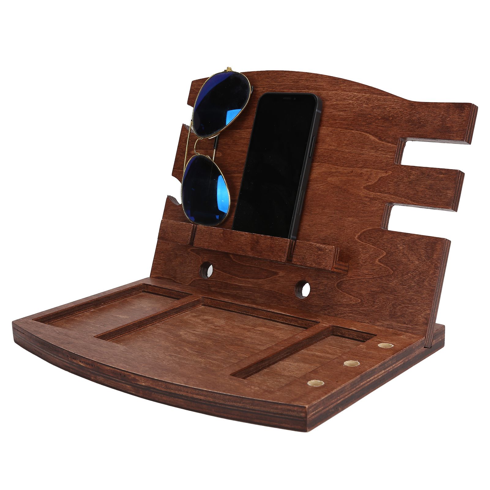 Wood Phone Docking Station Desk Storage Bracket Key Holder Wallet Stand Watch view 9
