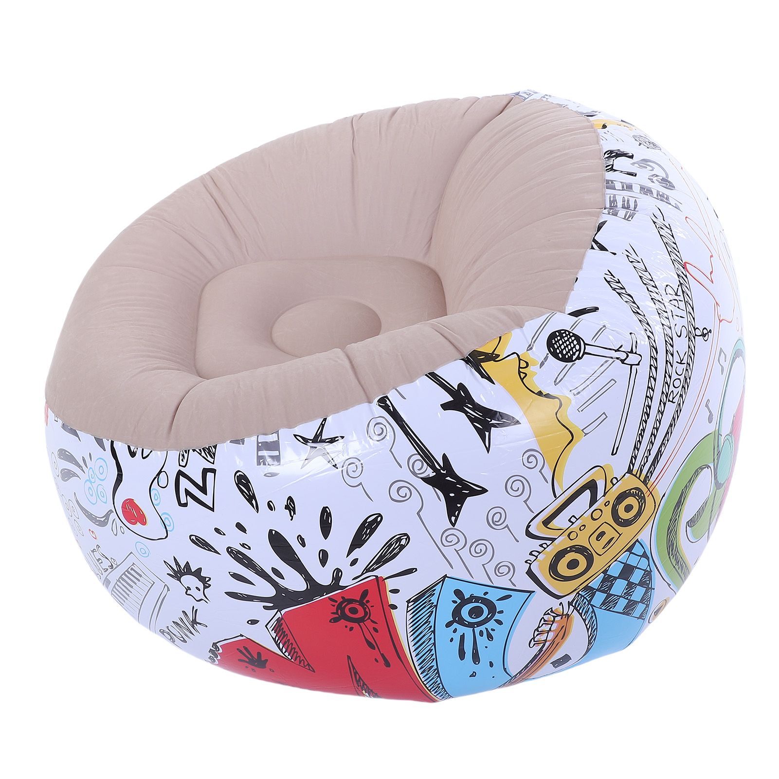 Inflatable Bean Bag Chair Doodle Pattern PVC Flocked Blow Up Sofa Chair for