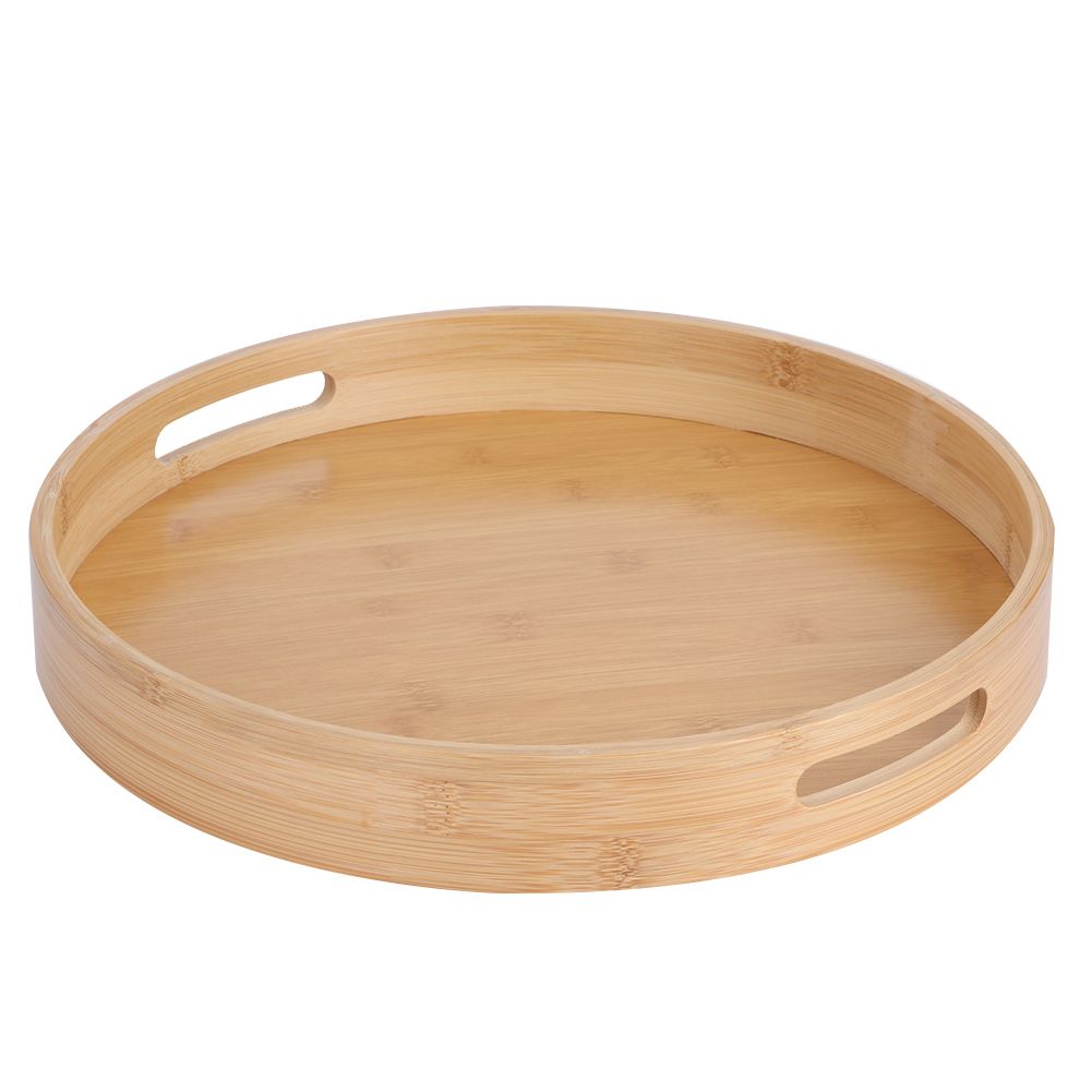 Round Bamboo Food Serving Tray Tea Cup Holder for Steak Bread Cake Pizza Tableware