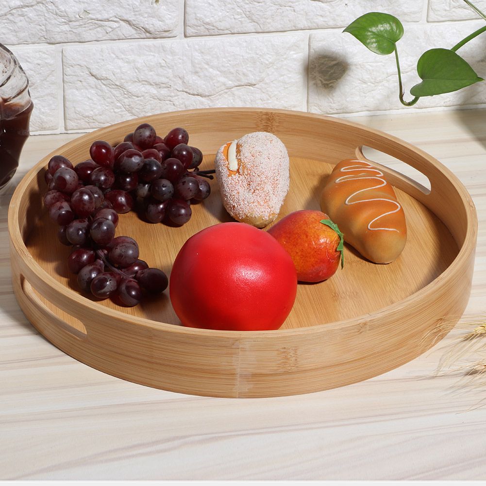 Round Bamboo Food Serving Tray Tea Cup Holder for Steak Bread Cake Pizza Tableware view 10