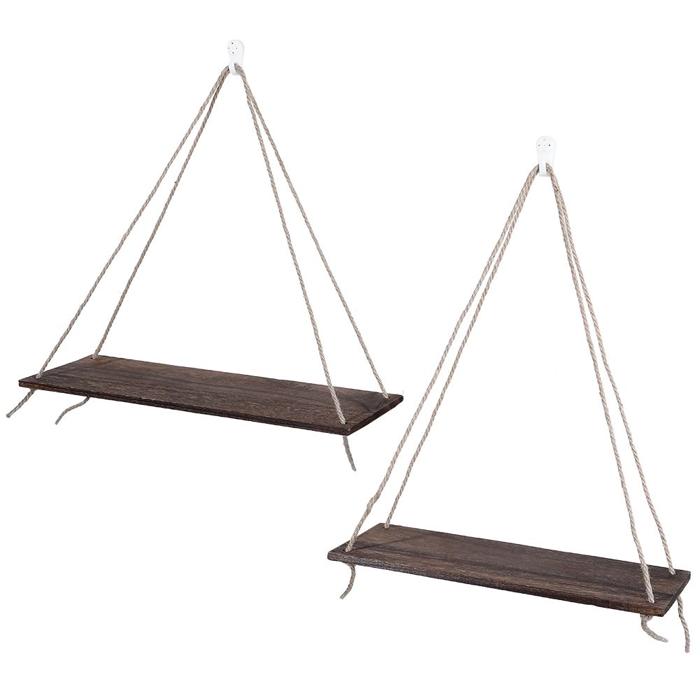 2pcs Wooden Wall Storage Rack Sling Rope Hanging Plant Flower Pot Shelves Home