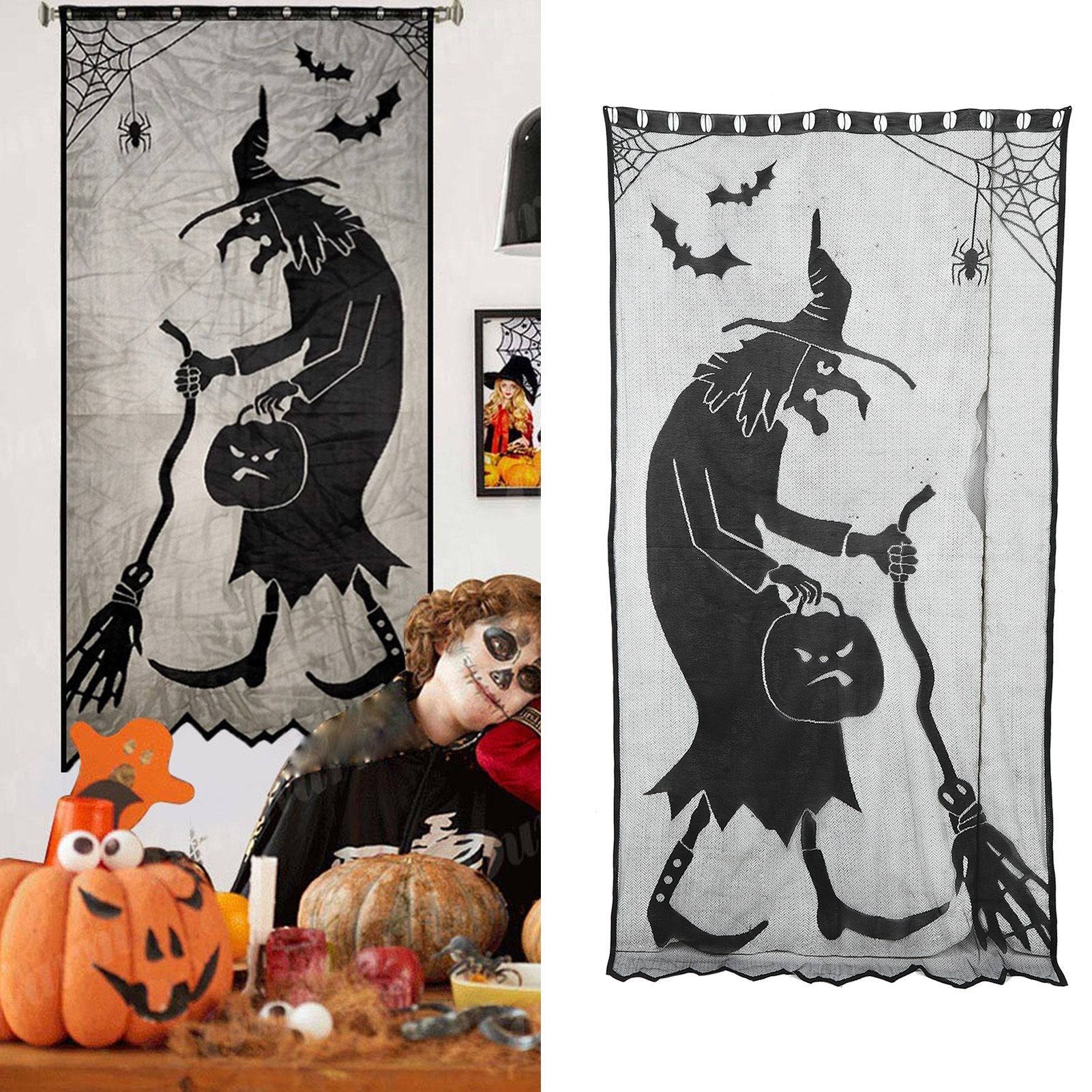 Black Halloween Witch Lace Window Curtain Bat Curtain Household Party view 9