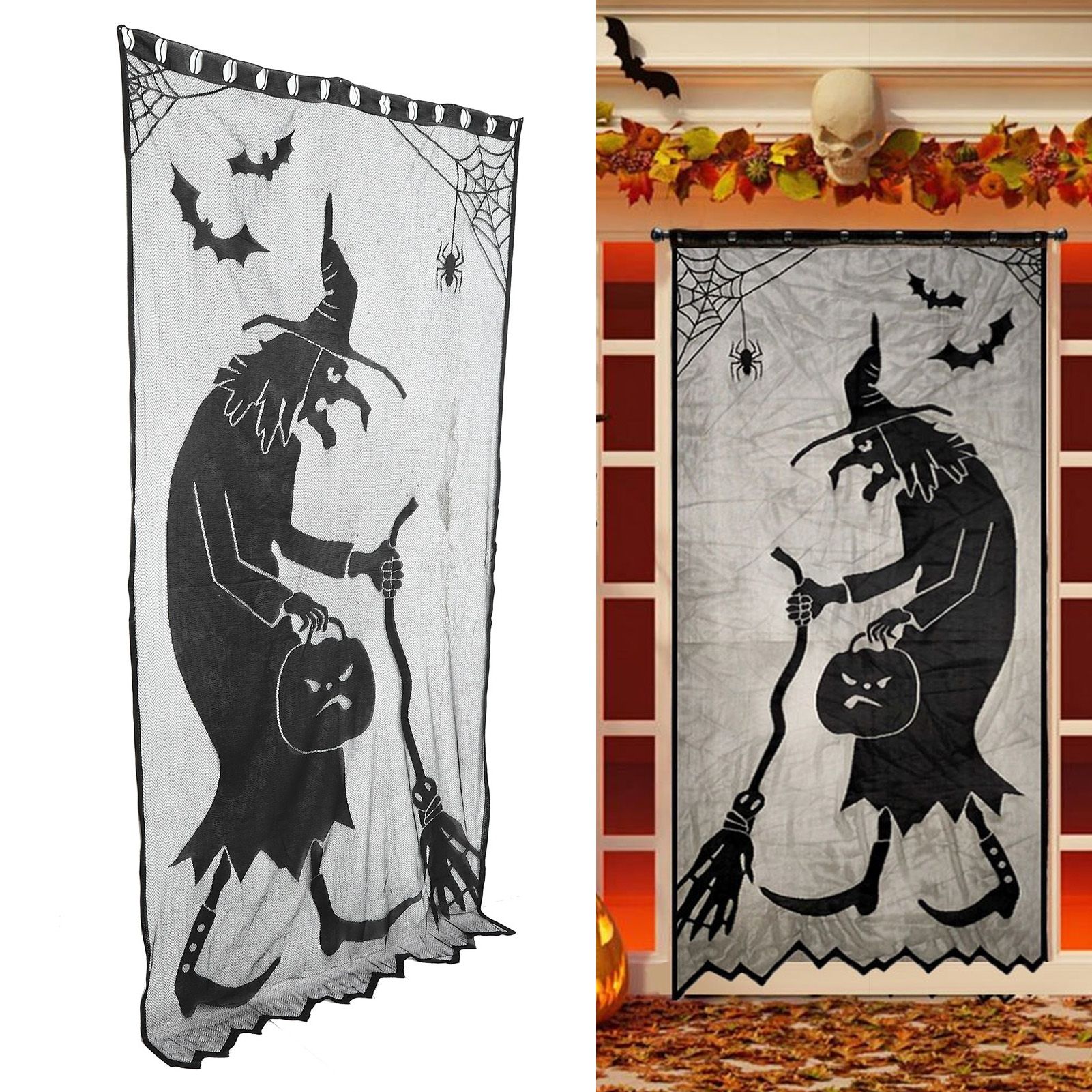 Black Halloween Witch Lace Window Curtain Bat Curtain Household Party view 10
