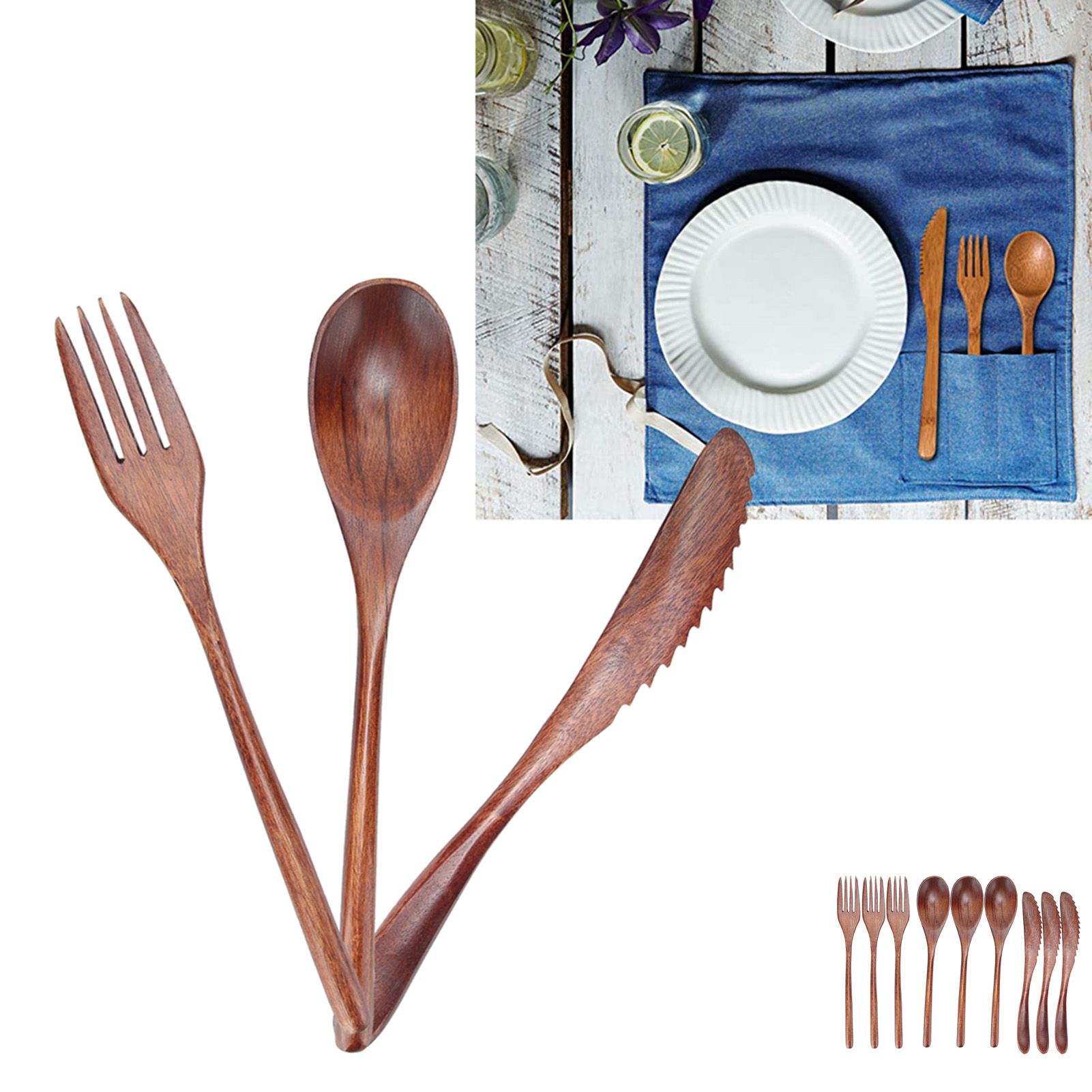 3Set Tableware Wooden Fork Spoon Knife Kit Kitchen Cutlery for Home Cafe view 10