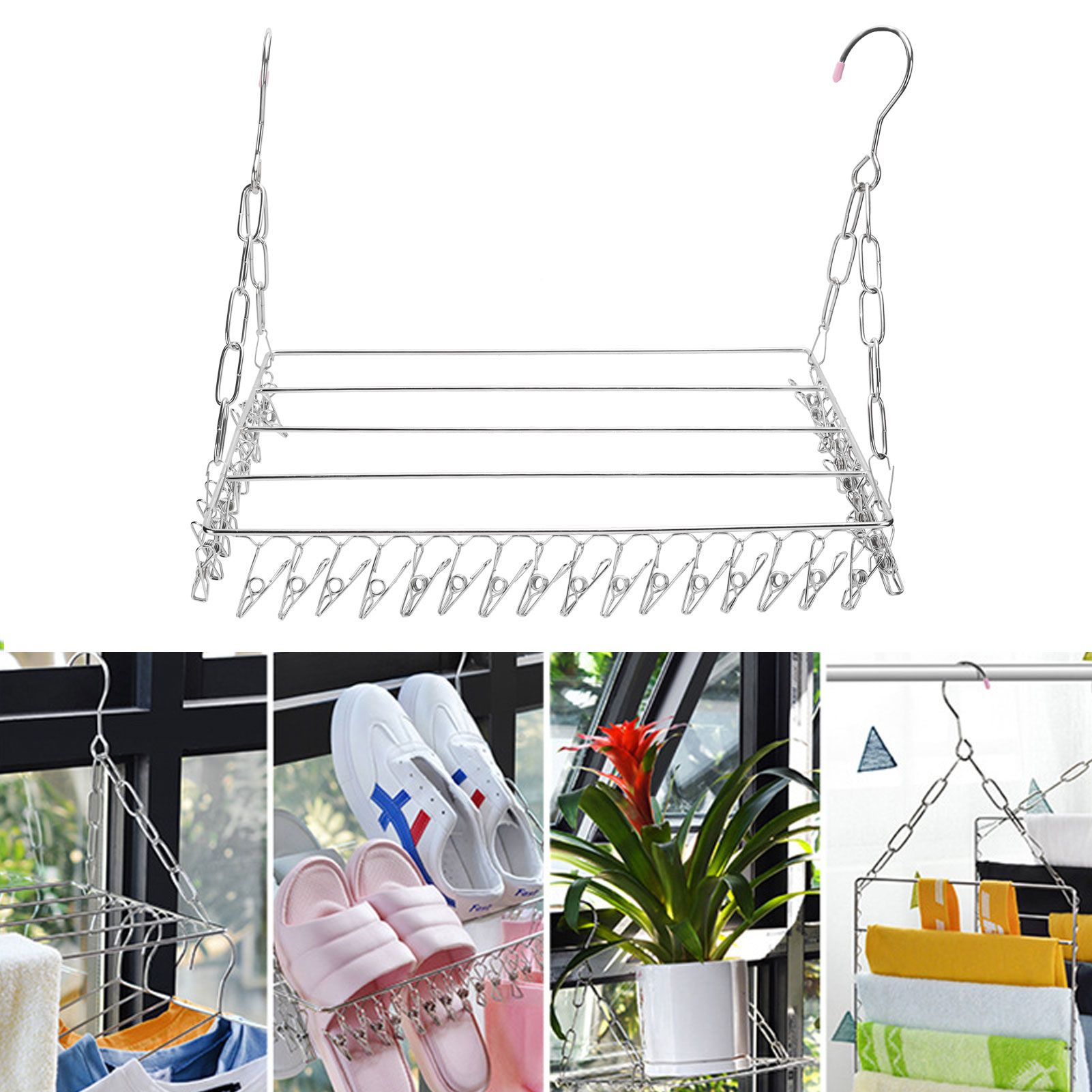 Clothes Drying Rack with 36 Clips Stainless Steel Socks Shoes Hanger Organizer view 9