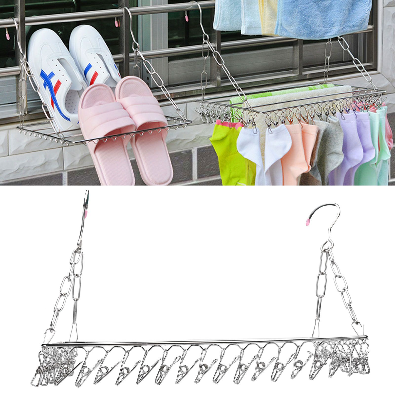 Clothes Drying Rack with 36 Clips Stainless Steel Socks Shoes Hanger Organizer view 10