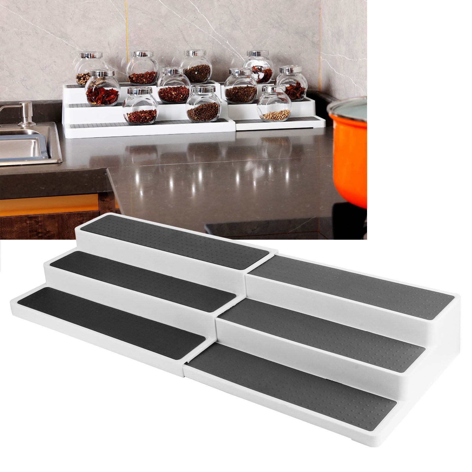 3 Tier Spice Rack Expandable Step Shelf Kitchen Organizer for Cabinet view 9