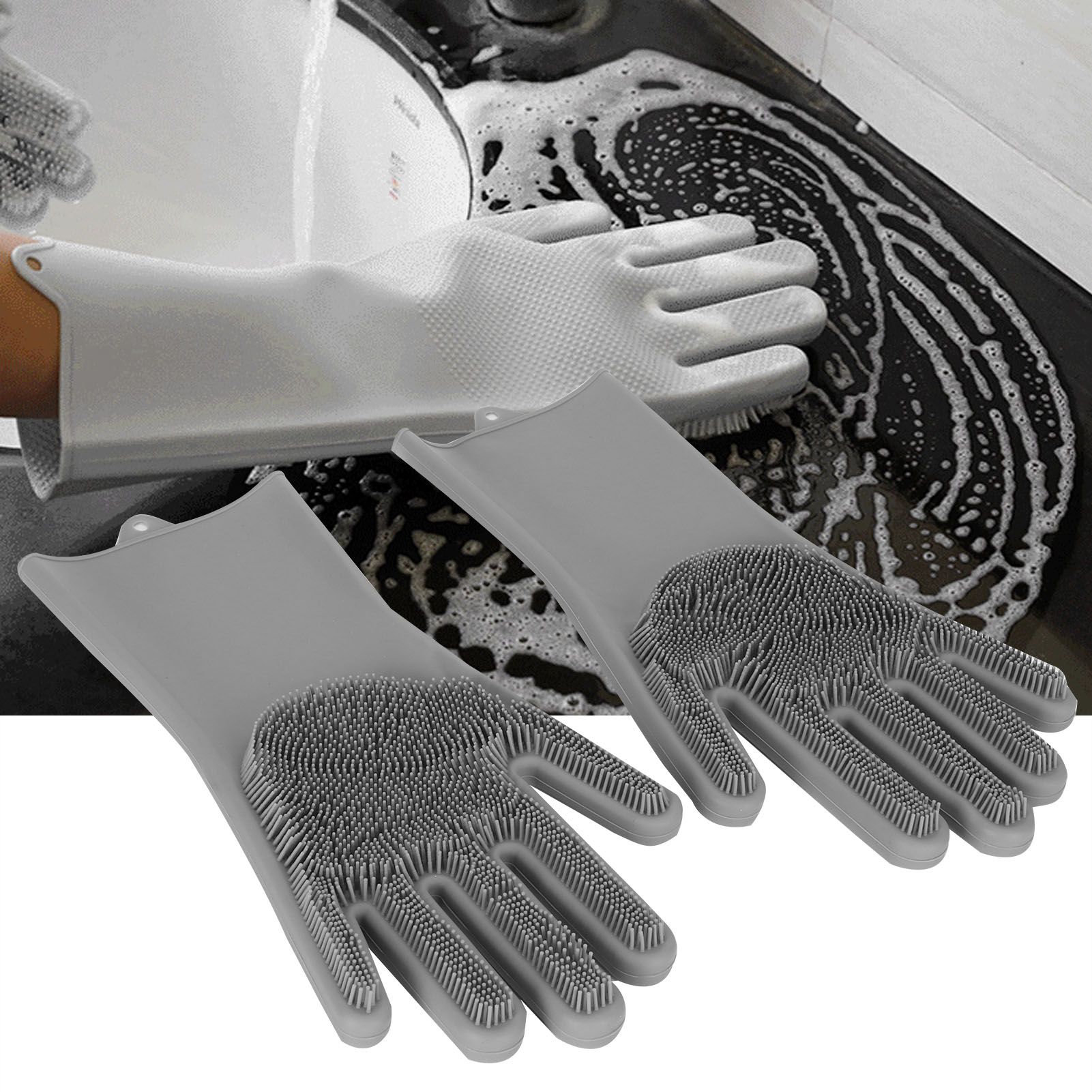 1 Pair Silicone Dishwashing Gloves Household Kitchen Waterproof OilProof view 9