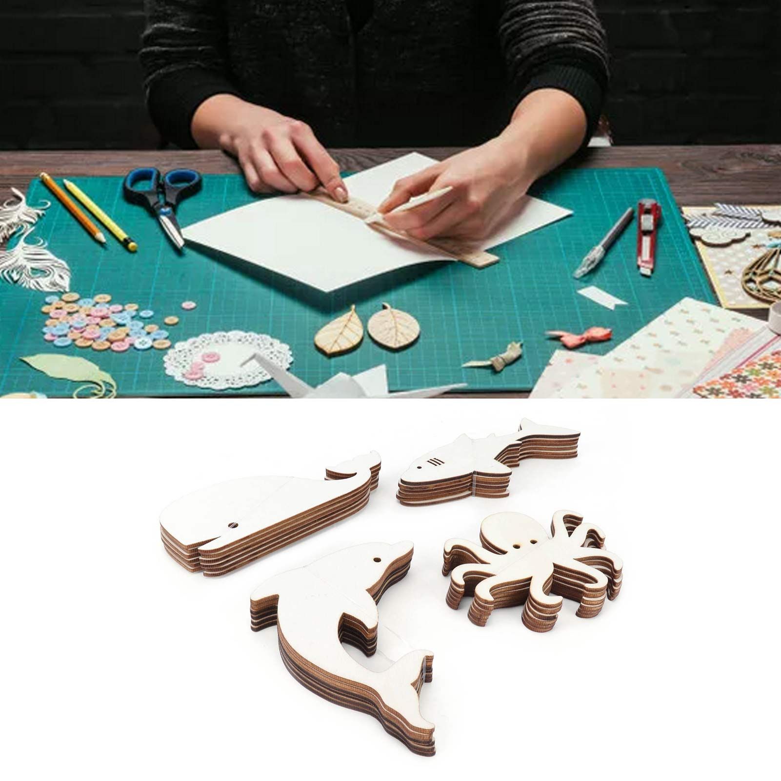 24Pcs Wood Slices Cartoon Marine Animal Shape DIY Pendant Hand Made Crafts view 12