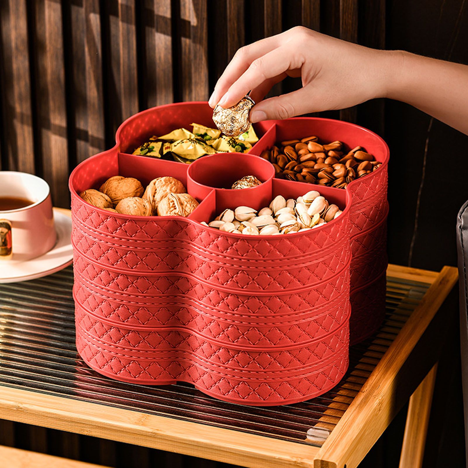 PU Leather Three Layer Tray Dust Prevention Nut Candy Container Snack view 8