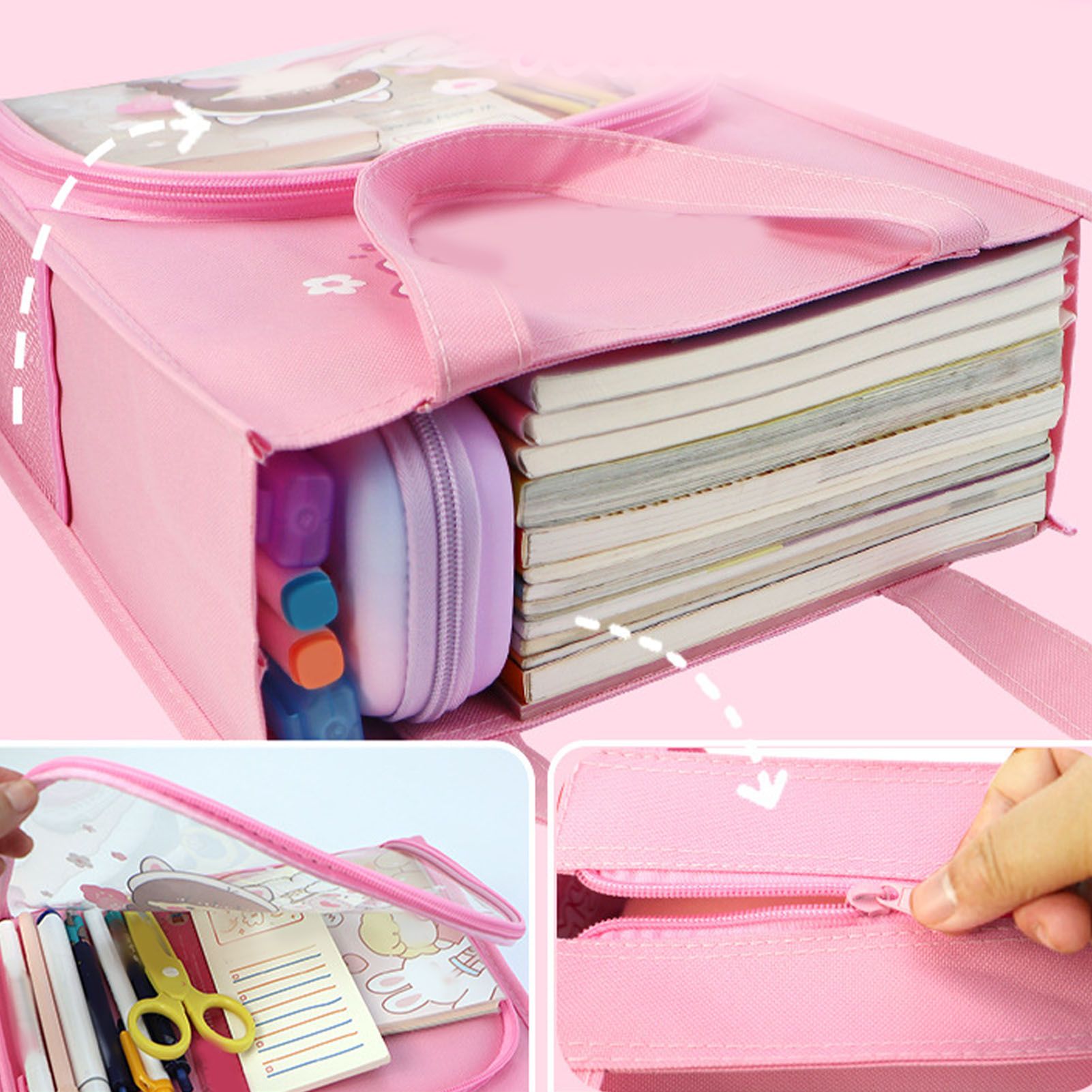 Student Book Pouch with Wide Handle Front Clear Bag 2 Side Mesh Pockets Large view 8