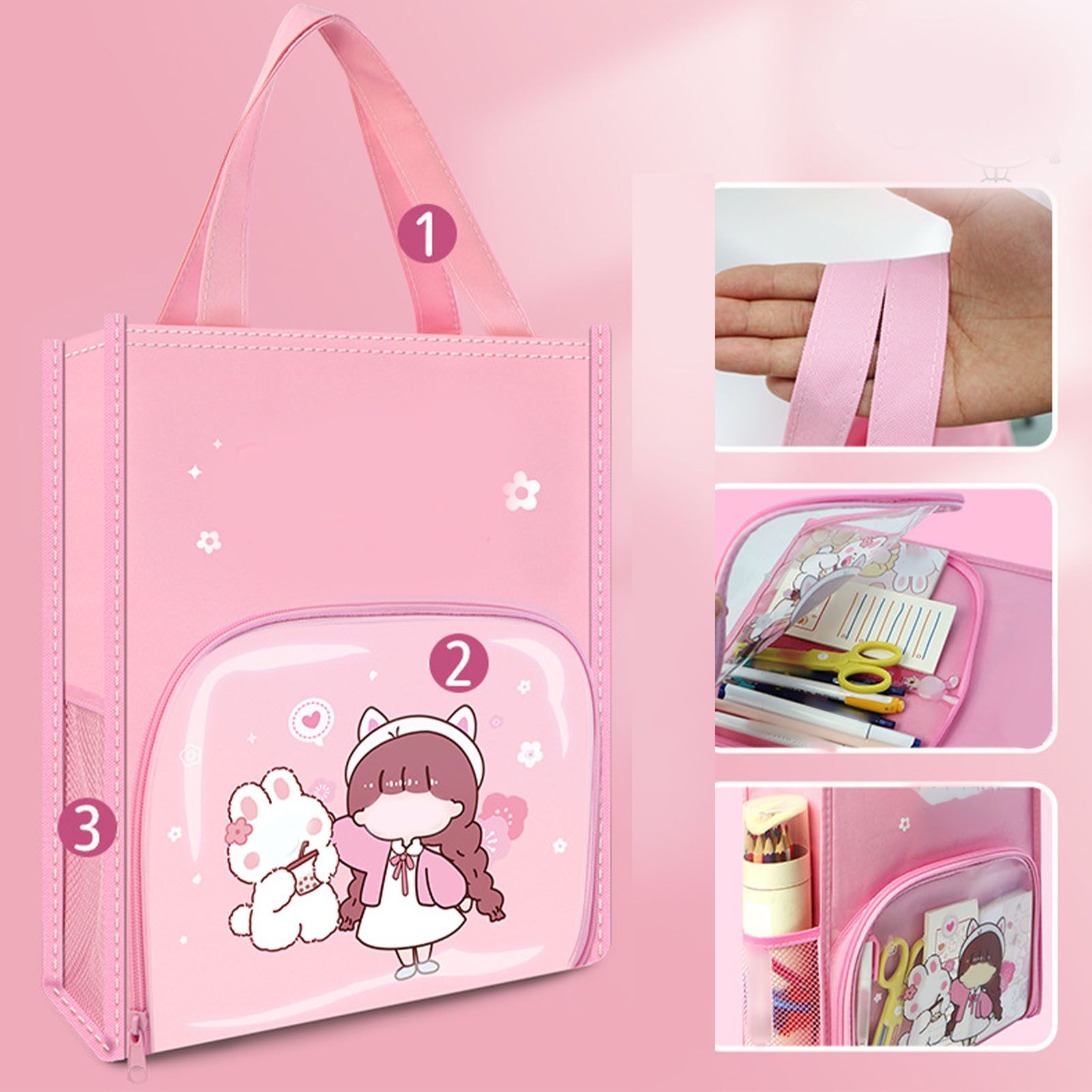 Student Book Pouch with Wide Handle Front Clear Bag 2 Side Mesh Pockets Large view 9