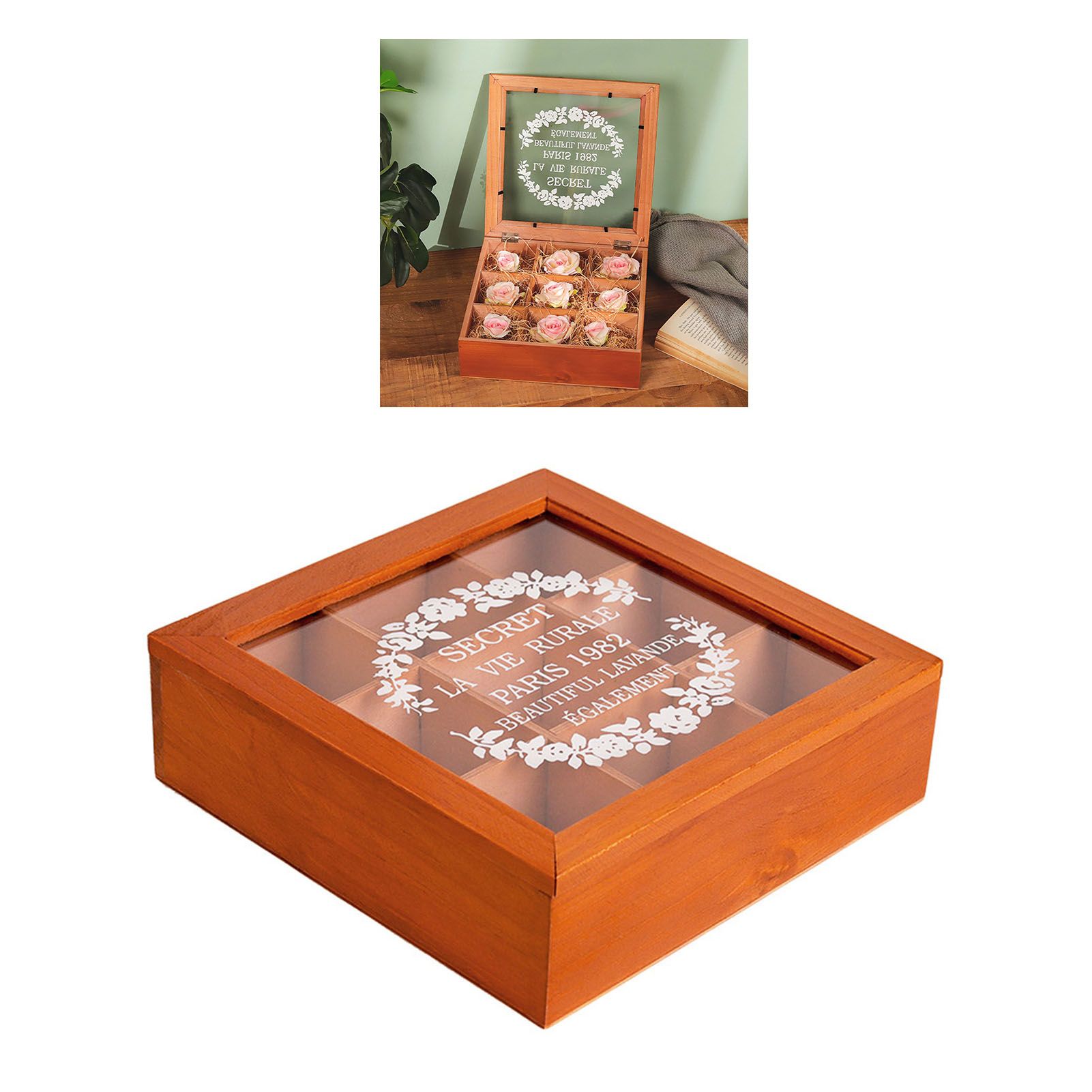 9 Grid Desktop Wooden Storage Box with Clear Lid Multifunctional Vintage view 8