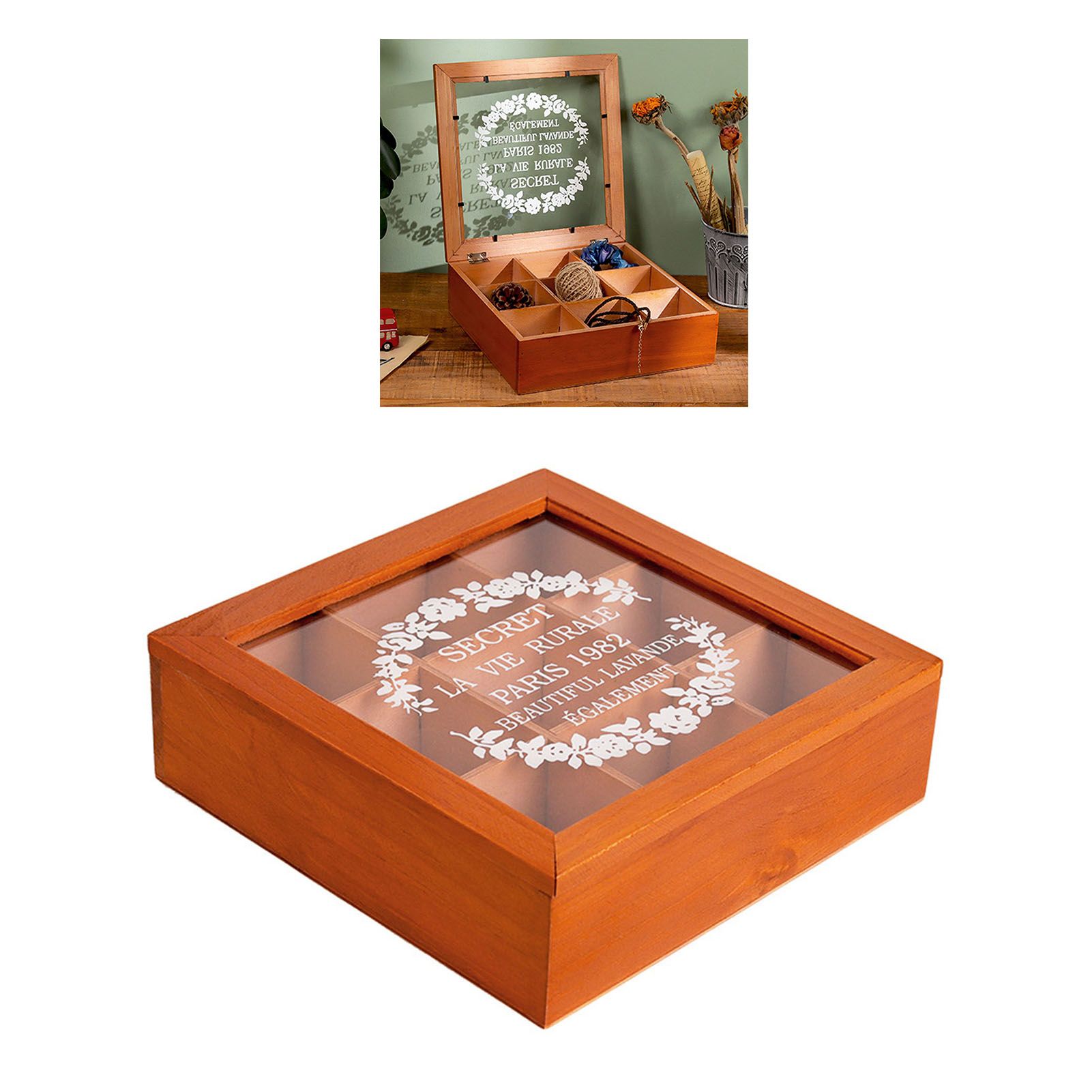 9 Grid Desktop Wooden Storage Box with Clear Lid Multifunctional Vintage view 9