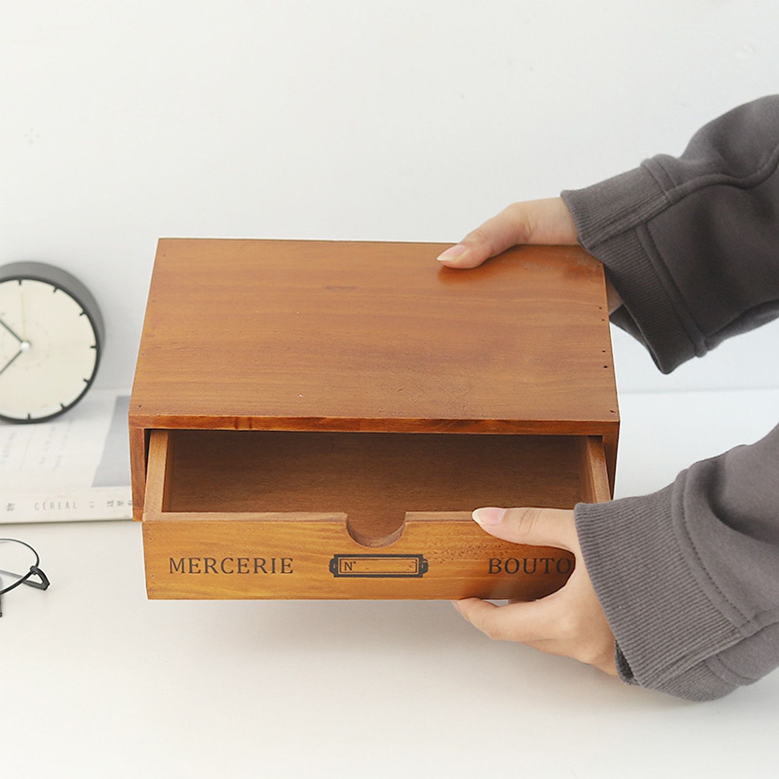Vintage Wooden Box Drawer Organizer Desktop Storage Organizer Wooden Tabletop view 9