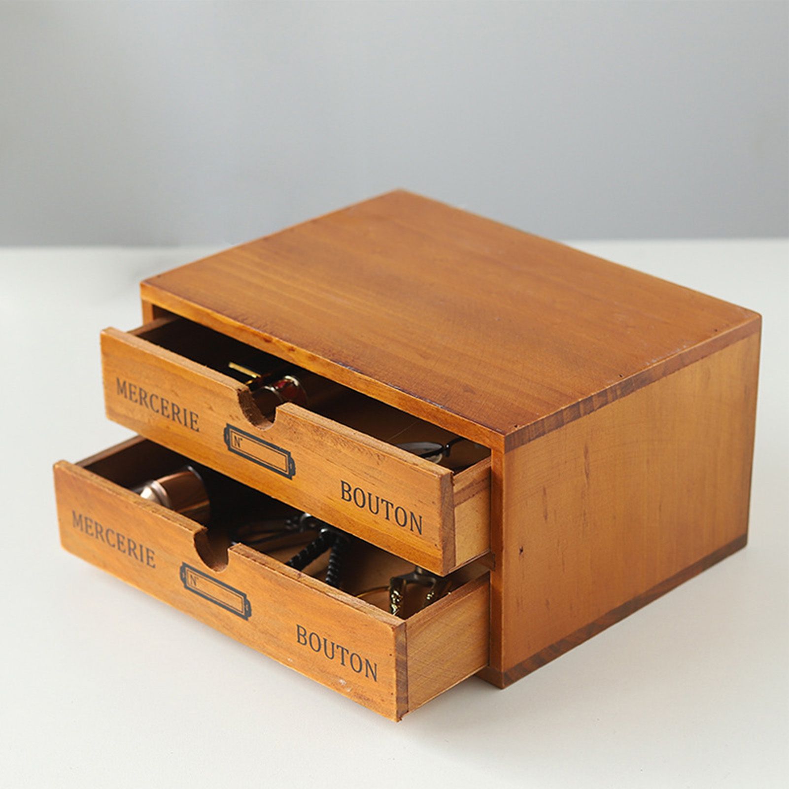 Vintage Wooden Double Layer Drawer Box Desktop Organizer Multifunctional view 8
