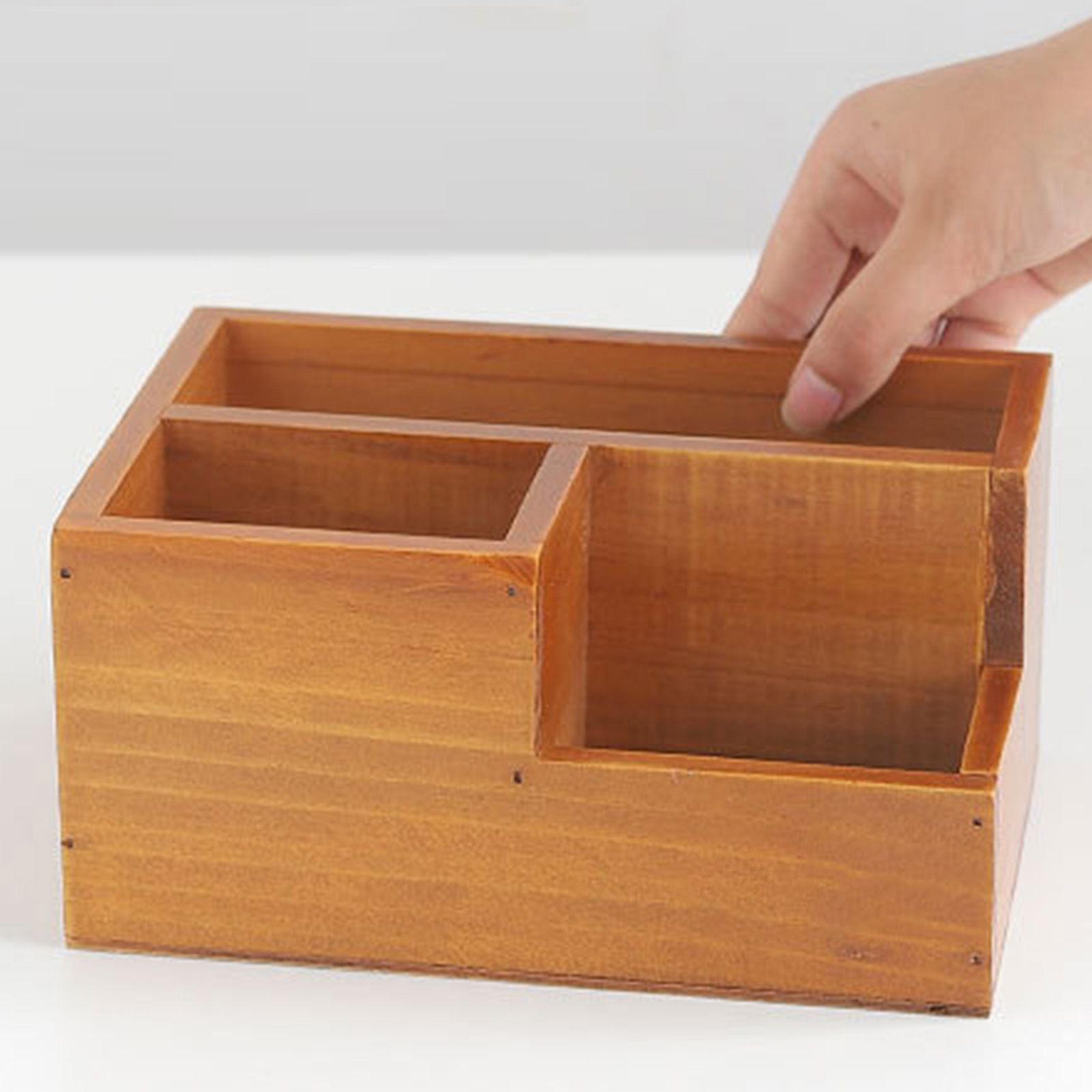 Wooden Remote Control Holder Multifunctional 3 Compartment Desktop Storage Box view 8
